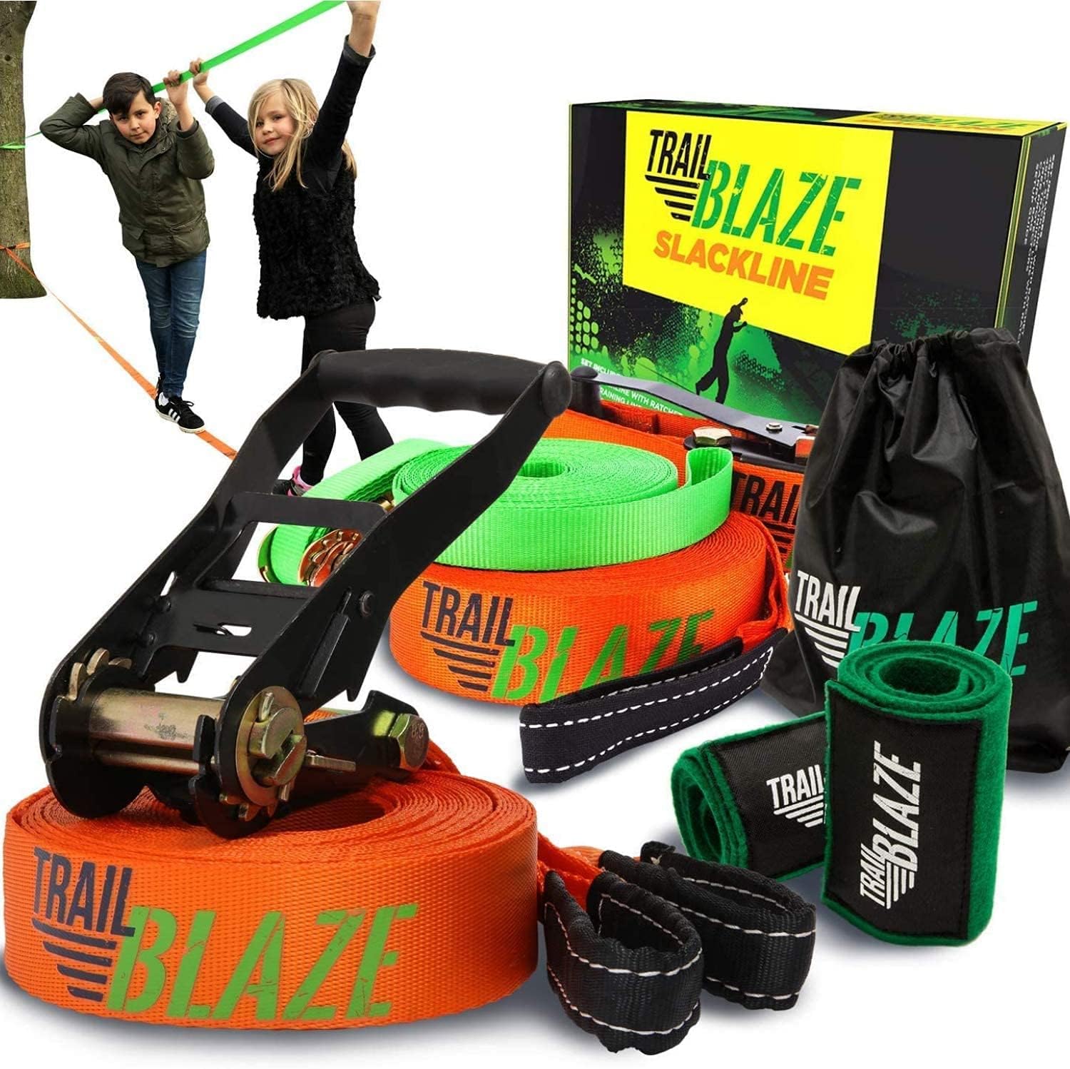 Trailblaze - Slackline Kit with Tree Protectors and Training Line | Slack Lines for Backyard for Kids and Adults | Tight Rope Line for Beginners Kids Slack Line Set (Single Slack Line, 60 Foot) Pack of 2