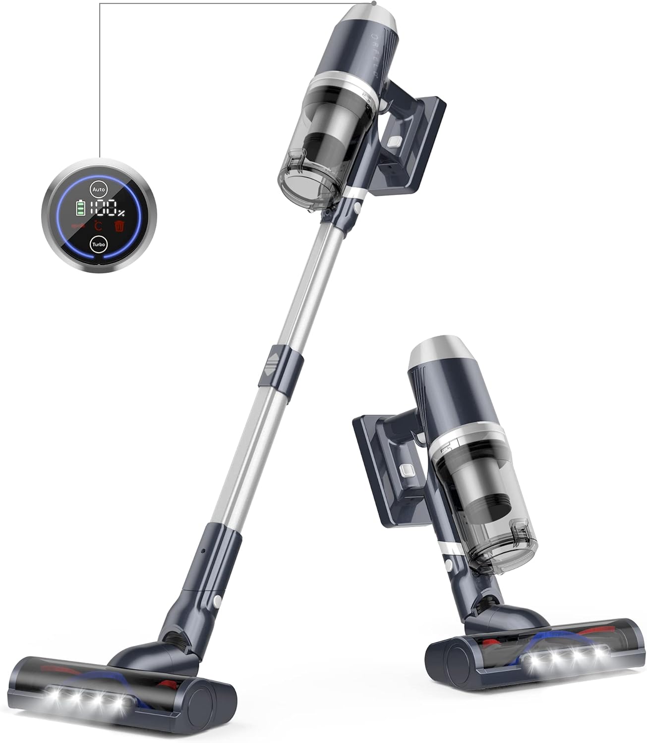 ORFELD Cordless Vacuum Cleaner, EV696P Smart LCD Display Vacuum Cleaner 25000 Pa Stick Vacuum 4 in 1, Up to 60 Minutes Runtime with Extended Tube and 2 in 1 Nozzle Suitable for Ceiling, Hard Floor