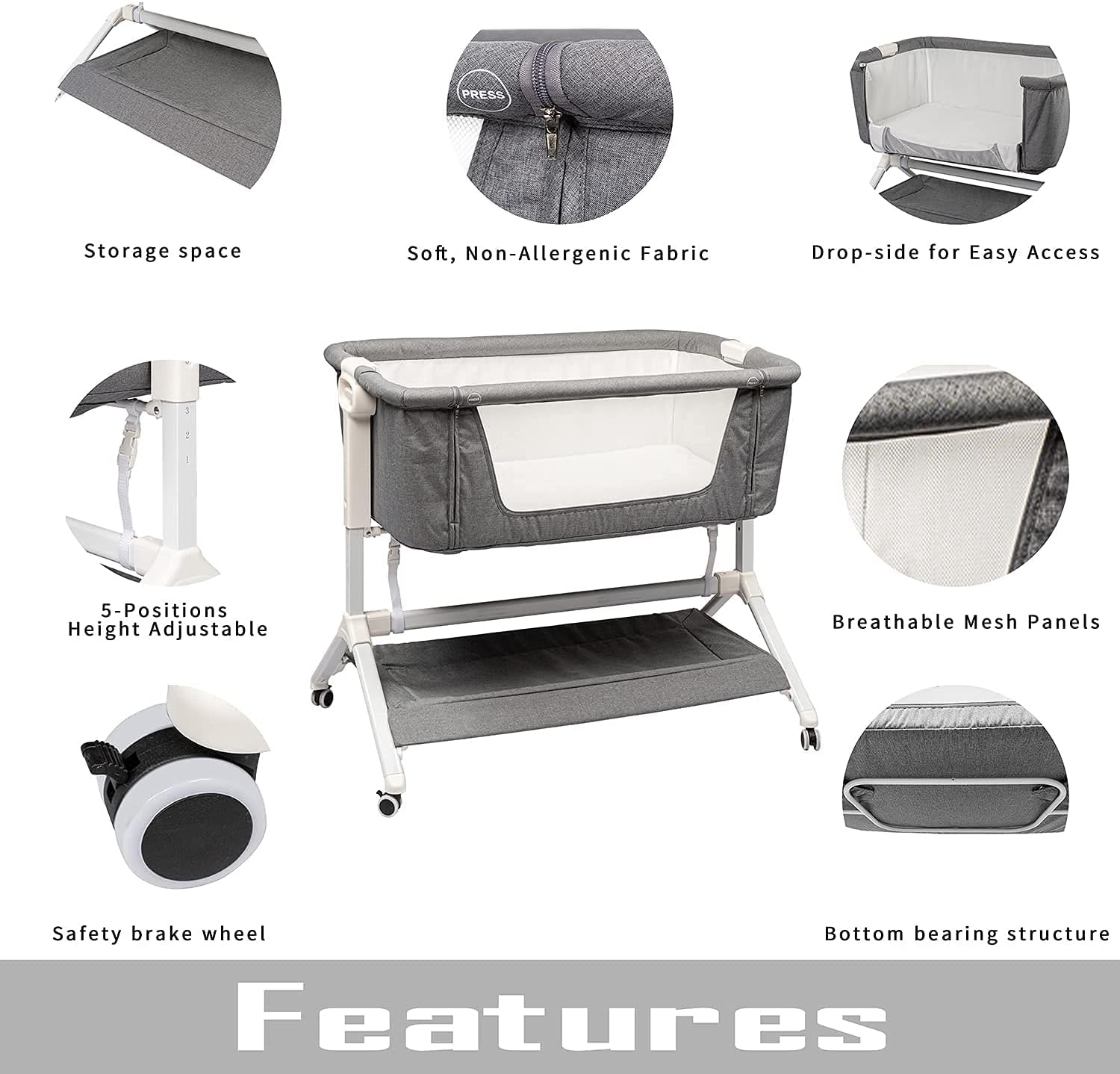 Obbao Bedside Sleeper, Co-Sleeper Bassinet for Bed, Portable Baby Bassinet Crib with Detachable Mattress, Height Angle Adjustable, Breathable Mesh, Grey