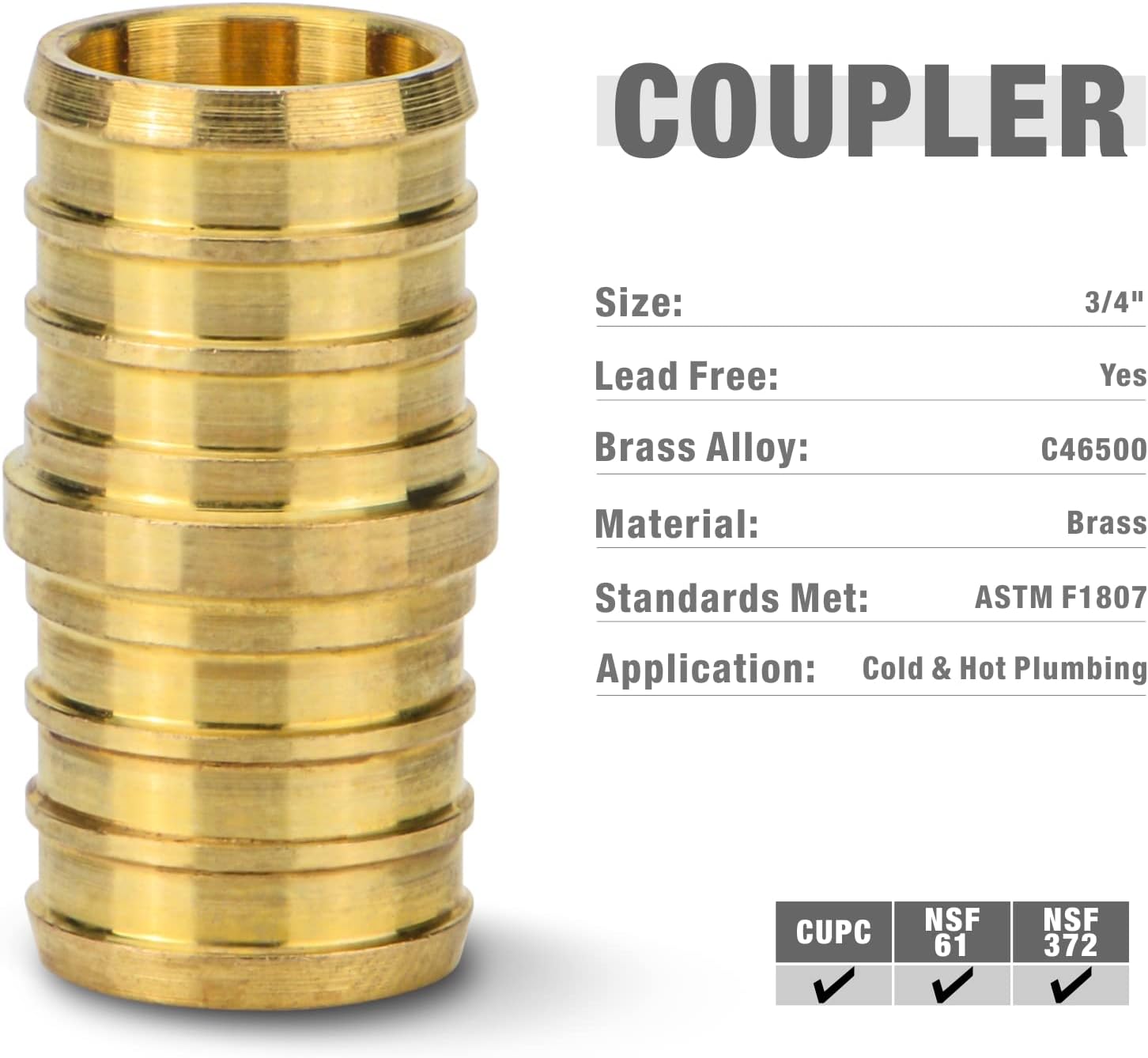 IWISS F1807 Brass Crimp Fitting 3/4 inch, 5 Pack, Lead Free PEX Barb Coupling/Splicer, NSF Certified Pack of 2