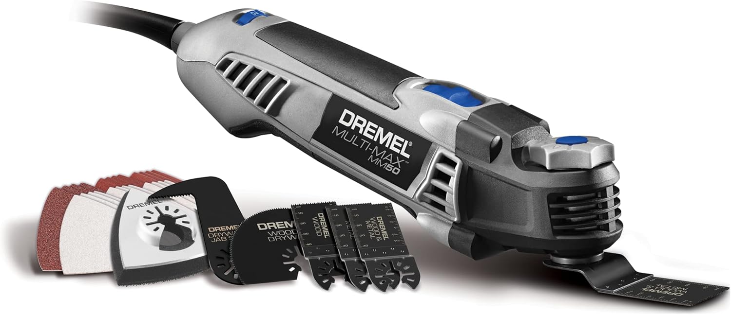 Dremel MM50-01 Multi-Max Oscillating DIY Tool Kit with Tool-LESS Accessory Change- 5 Amp- Multi Tool with 30 Accessories- Compact Head & Angled Body- Drywall, Nails, Remove Grout & Sanding