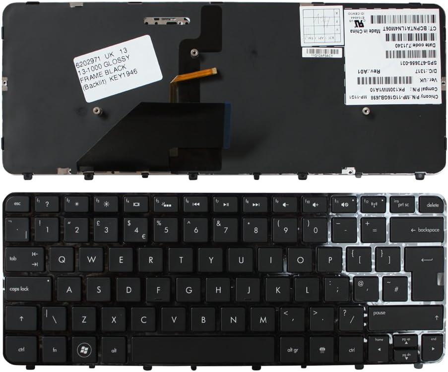 Keyboards4Laptops UK Layout Glossy Black Frame Backlit Black Replacement Laptop Keyboard Compatible with HP Folio 13-1003XX