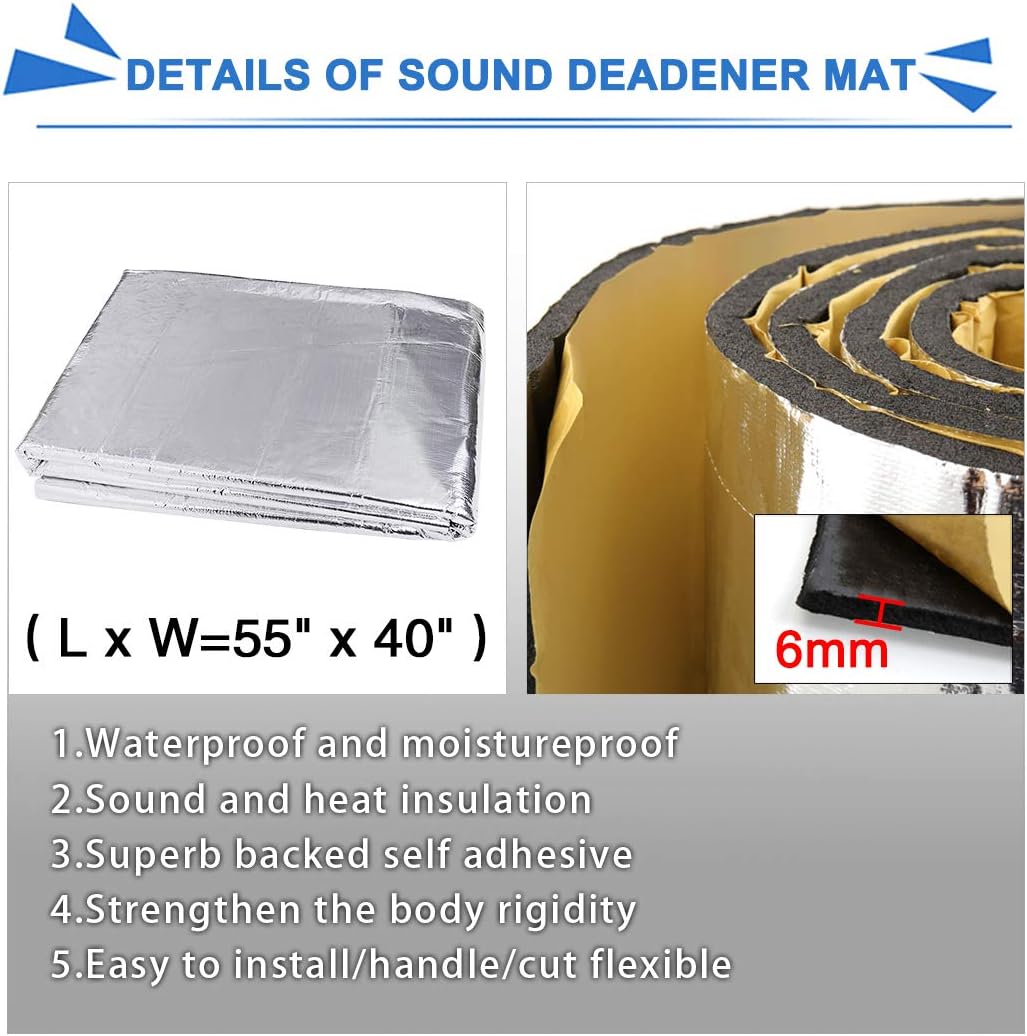 uxcell 236mil/6mm 15sqft Car Auto Hood Floor Tailgate Fen-der Heat Sound Deadener Underlay Underfelt Liner Mat Pad 55