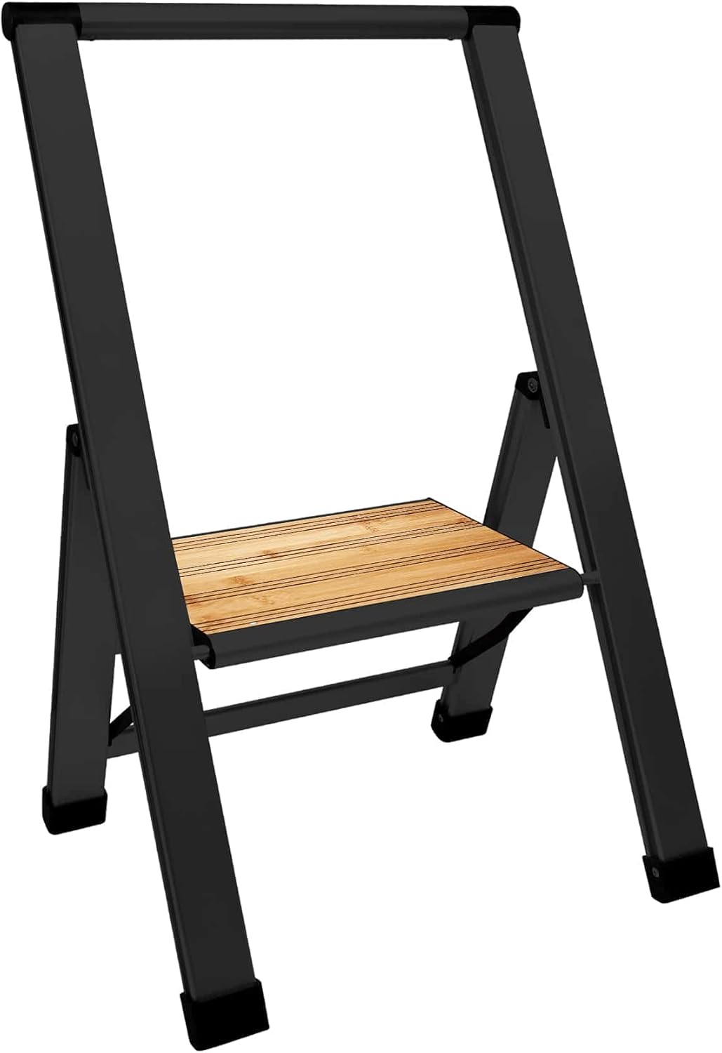 Sorfey Premium 2 Step Modern Bamboo Ladder. Lightweight,-Ultra Slim Profile, Anti Slip Steps, Sturdy-Portable for Home, Office, Kitchen, Photography Use, Black Aluminum Finish