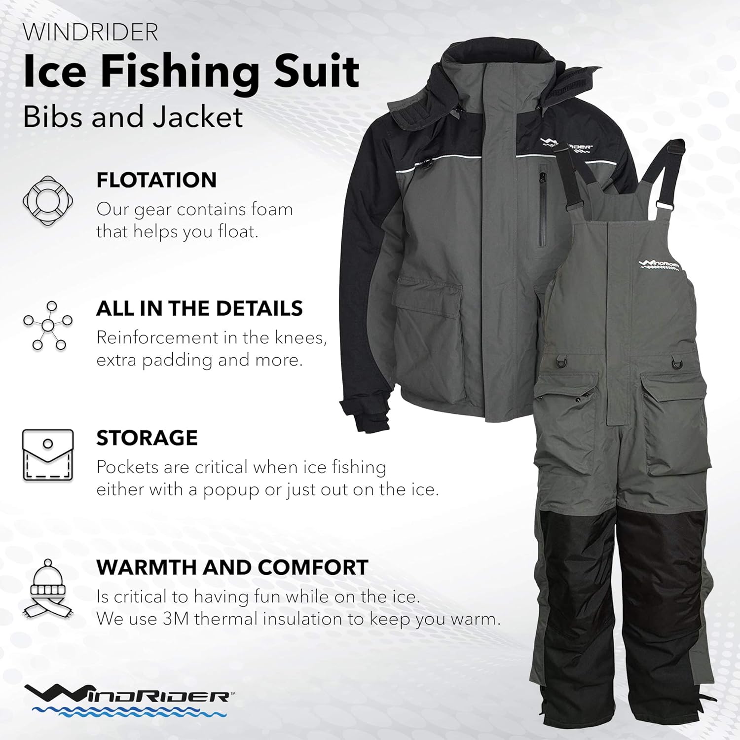 WindRider Ice Fishing Suit Insulated Bibs & Jacket Flotation Tons of Pockets Waterproof Gear for Ice Fishing and Snowmobiling