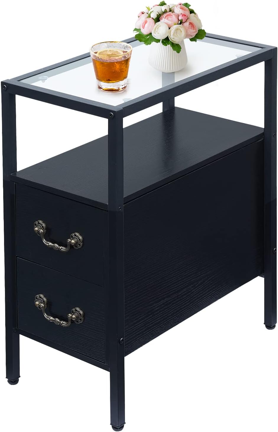 VECELO End Versatile Recliner Side Table with Drawer and Open Shelf Narrow Nightstand Tempered Glass for Small Spaces in Living Room Bedroom Office Lounge, Black