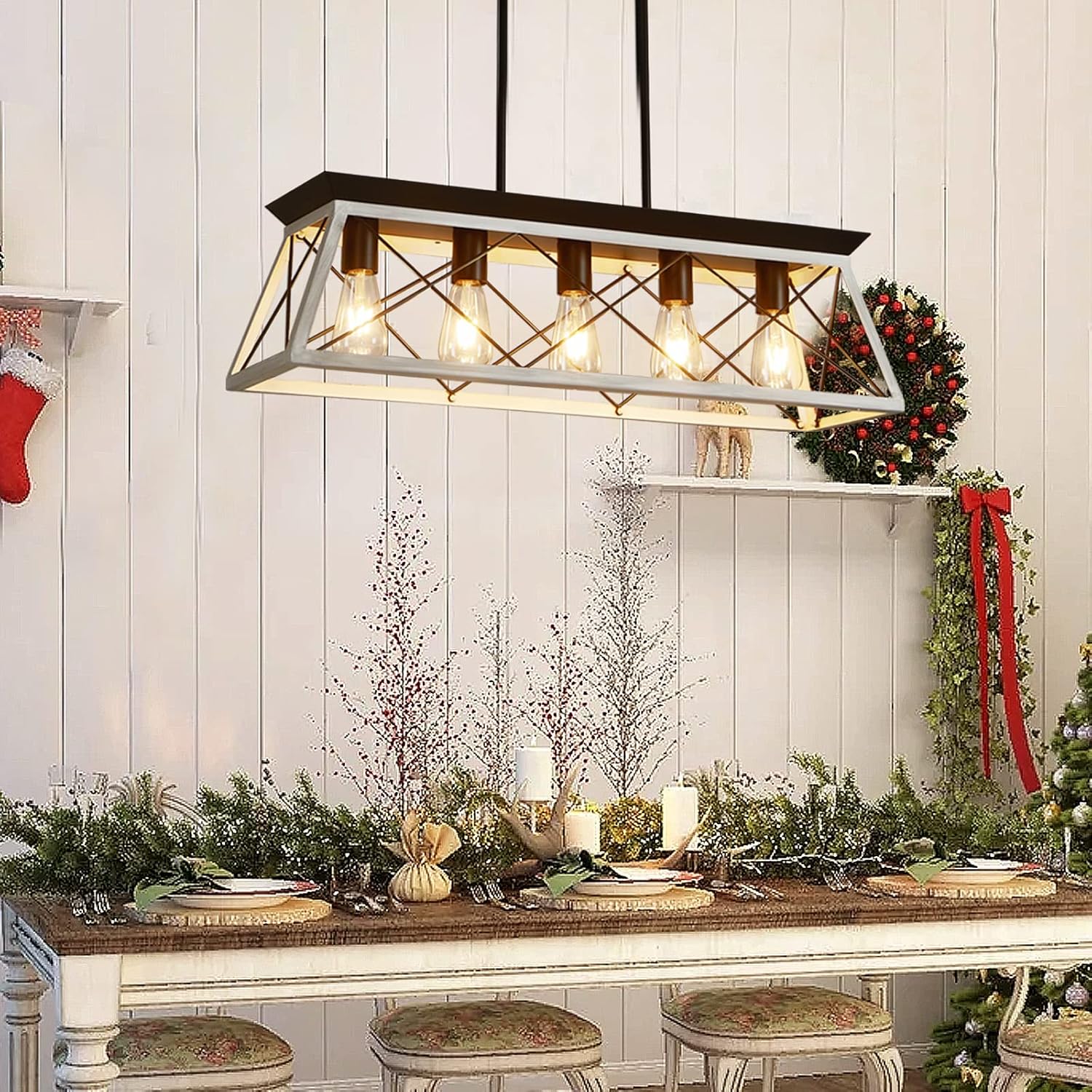 Fabulis Farmhouse Linear Chandelier, 5-Light Retro Metal Kitchen Island Lighting Fixtures in Black Finish for Dining,Living Room,Bar,Restaurants (Black, 5-Light)