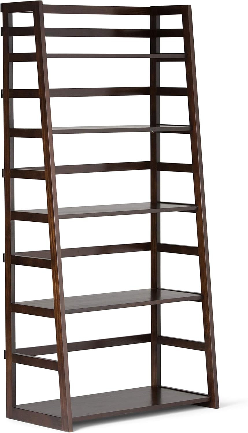 SIMPLIHOME Acadian SOLID WOOD 63 inch x 30 inch Rustic Ladder Shelf Bookcase in Black with 5 Shelves, for the Living Room, Study and Office