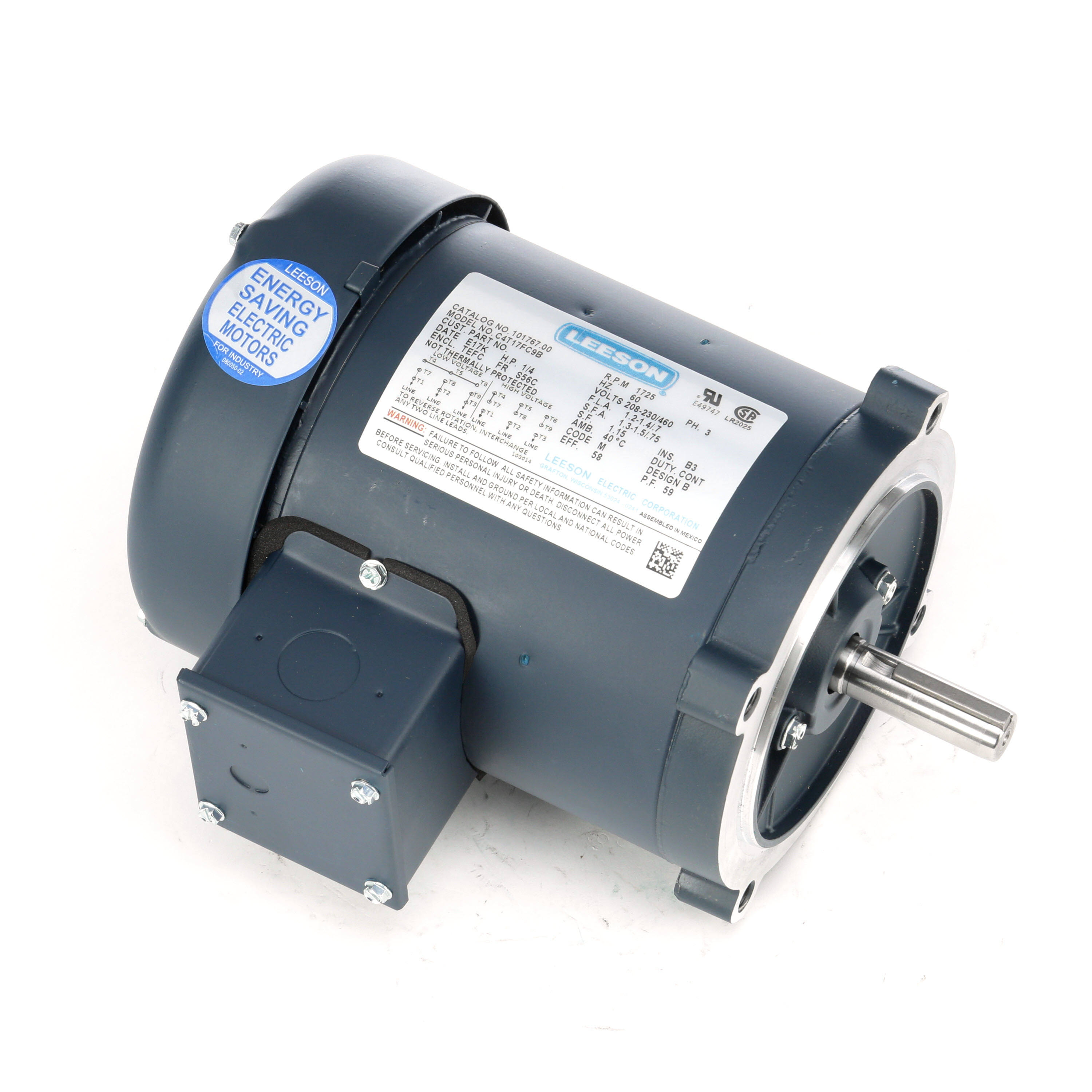 Leeson 101767.00, 0.25 HP, 1725 RPM, 208-230/460V, S56C, TEFC, C-Face Footless