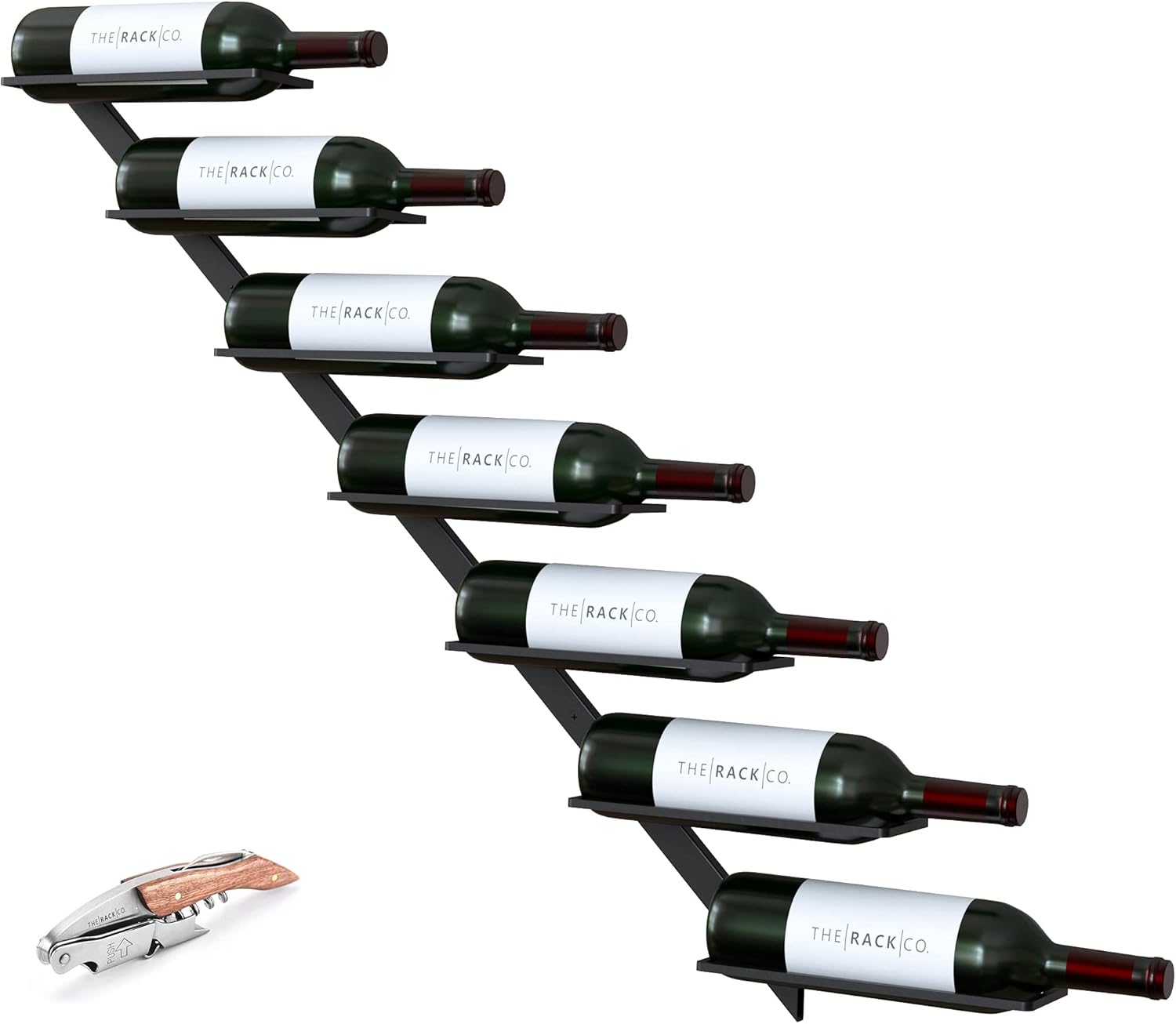The Rack Co. Wall Series - Center Frame Metal Wall Mount Wine Bottle Rack, Black (12 Bottles) + Free Corkscrew Wine Bottle Opener
