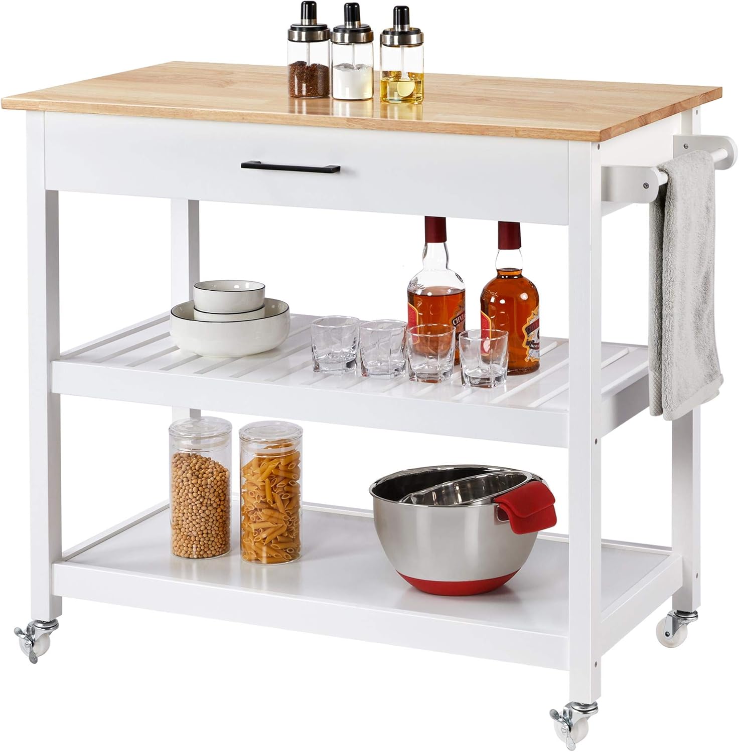 Yaheetech Kitchen Island Cart with Wheels, 3 Tier Rolling Utility Cart with 1 Drawer and 2 Spacious Storage Shelf 40'' L Solid Wood Countertop, White