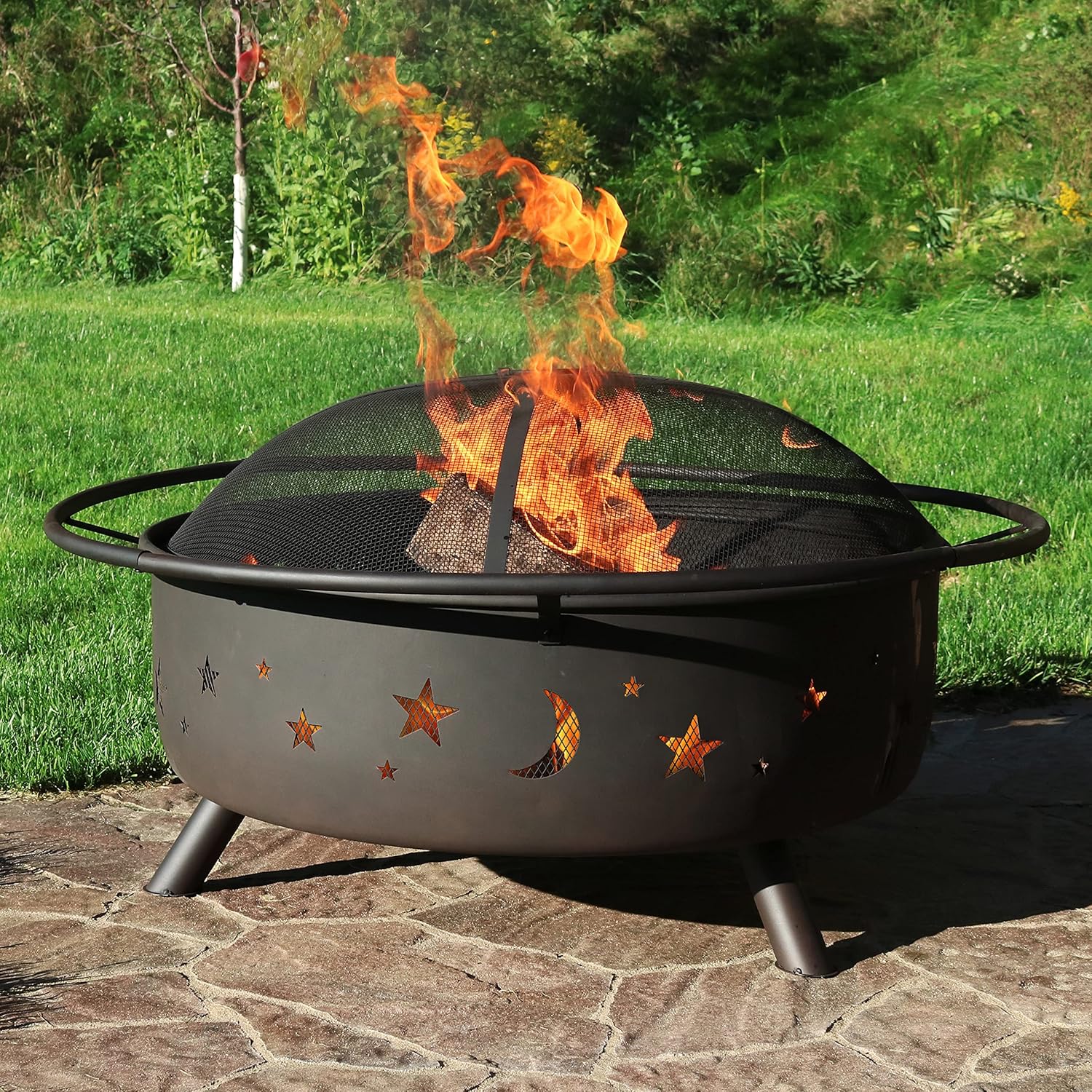 Sunnydaze Cosmic Fire Pit for Outdoors - 42-Inch Large Wood-Burning Fire Pit with Moon and Stars - Perfect for Patio and Backyard Bonfires - Includes Round Spark Screen, Poker and Metal Grate