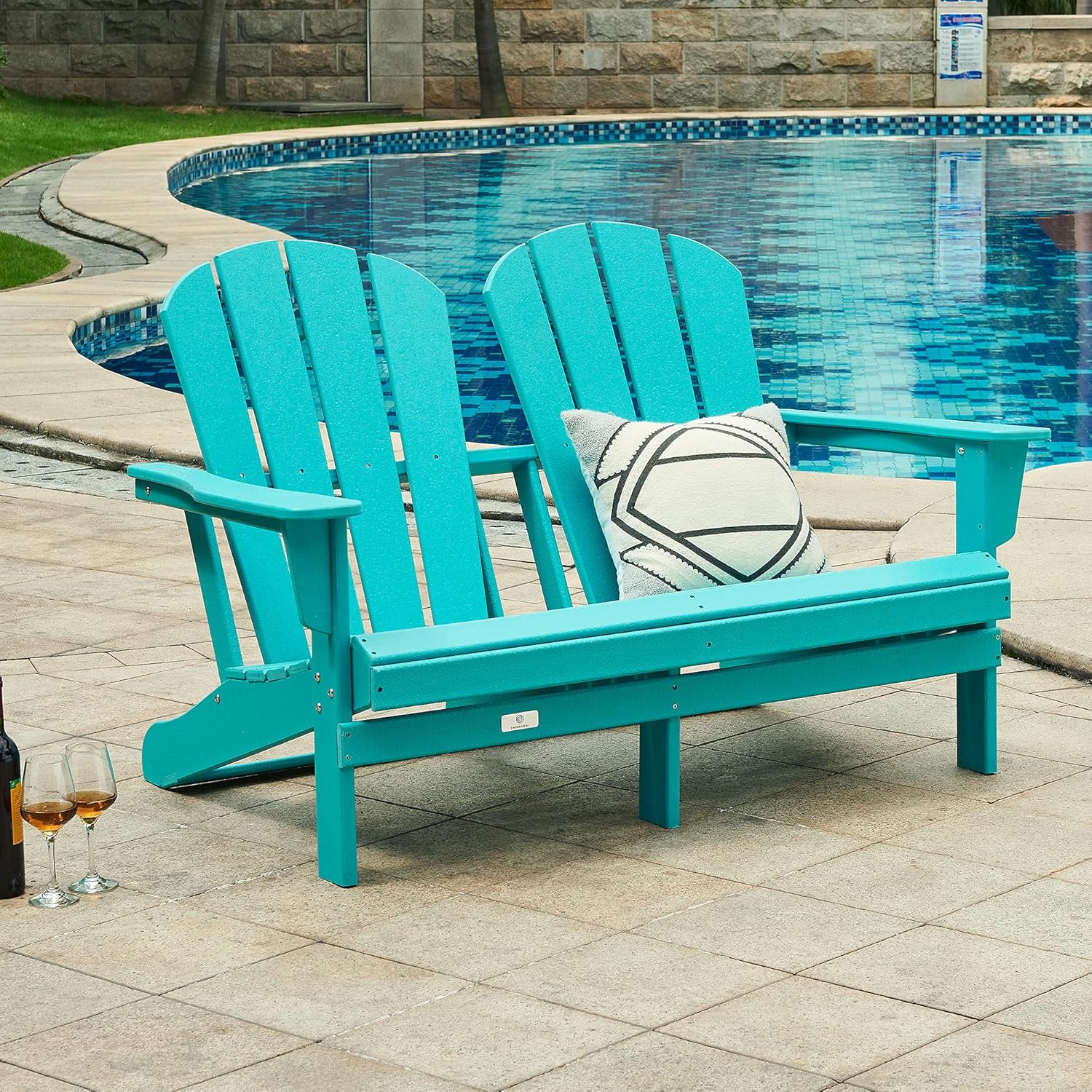 Ehomexpert All-Weather Outdoor Adirondack Chair Loveseat Double Patio Chair, HDPE Poly Lumber Classic Adirondack Bench for Fire Pit & Garden,Blue