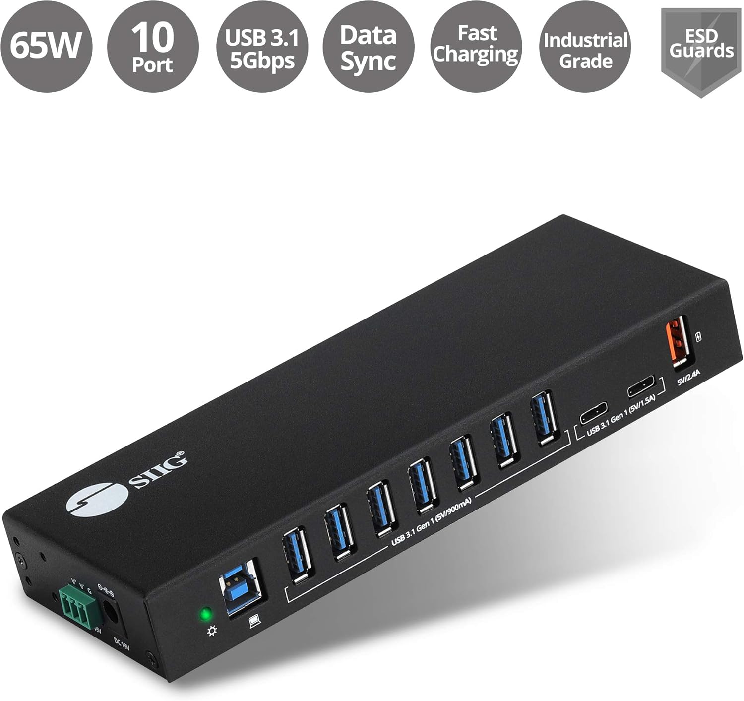 SIIG Industrial Powered USB C & USB 3.1 Hub, Splitter, 10 Port, Powered Multiport Hub Expander for Desktop, Laptop, Tablets, Cellphone, External HD, Keyboard and Mouse (ID-US0811-S1) Pack of 2