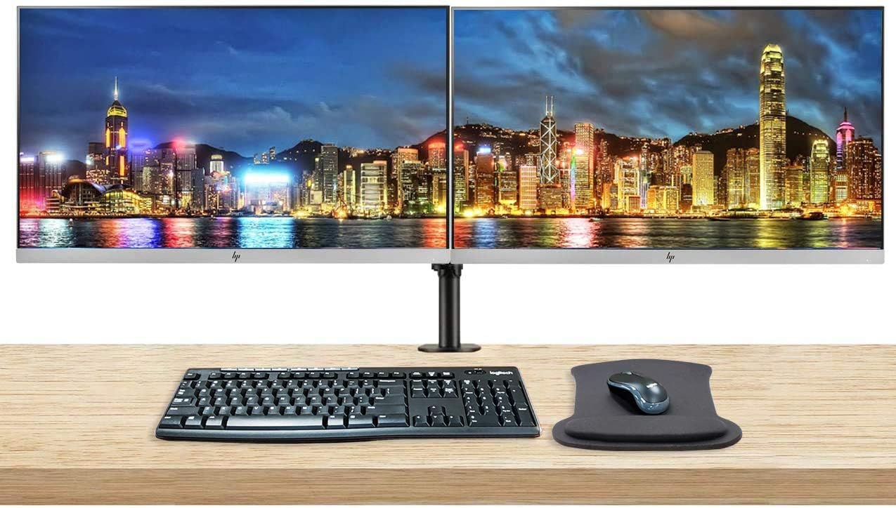 HP EliteDisplay E243 24in 1920x1080 (1FH47A8) FHD IPS LED-Backlit LCD 2-Pack Monitor Bundle with HDMI, VGA, DisplayPort, MK270 Wireless Keyboard and Mouse, Gel Mouse Pad, Desk Mount Dual Monitor Stand