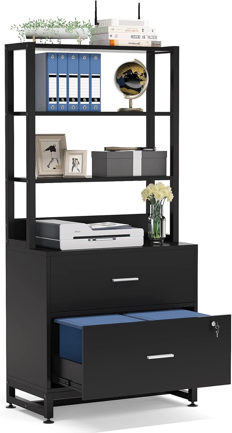 Tribesigns 2 Drawer Lateral File Cabinet with Lock, Letter Size Large Modern Filing Cabinet Printer Stand with Open Storage Shelves for Home Office, Black