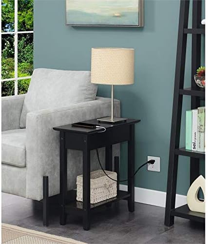 Pemberly Row Flip-Top End Table with Charging Station in Black Wood Finish