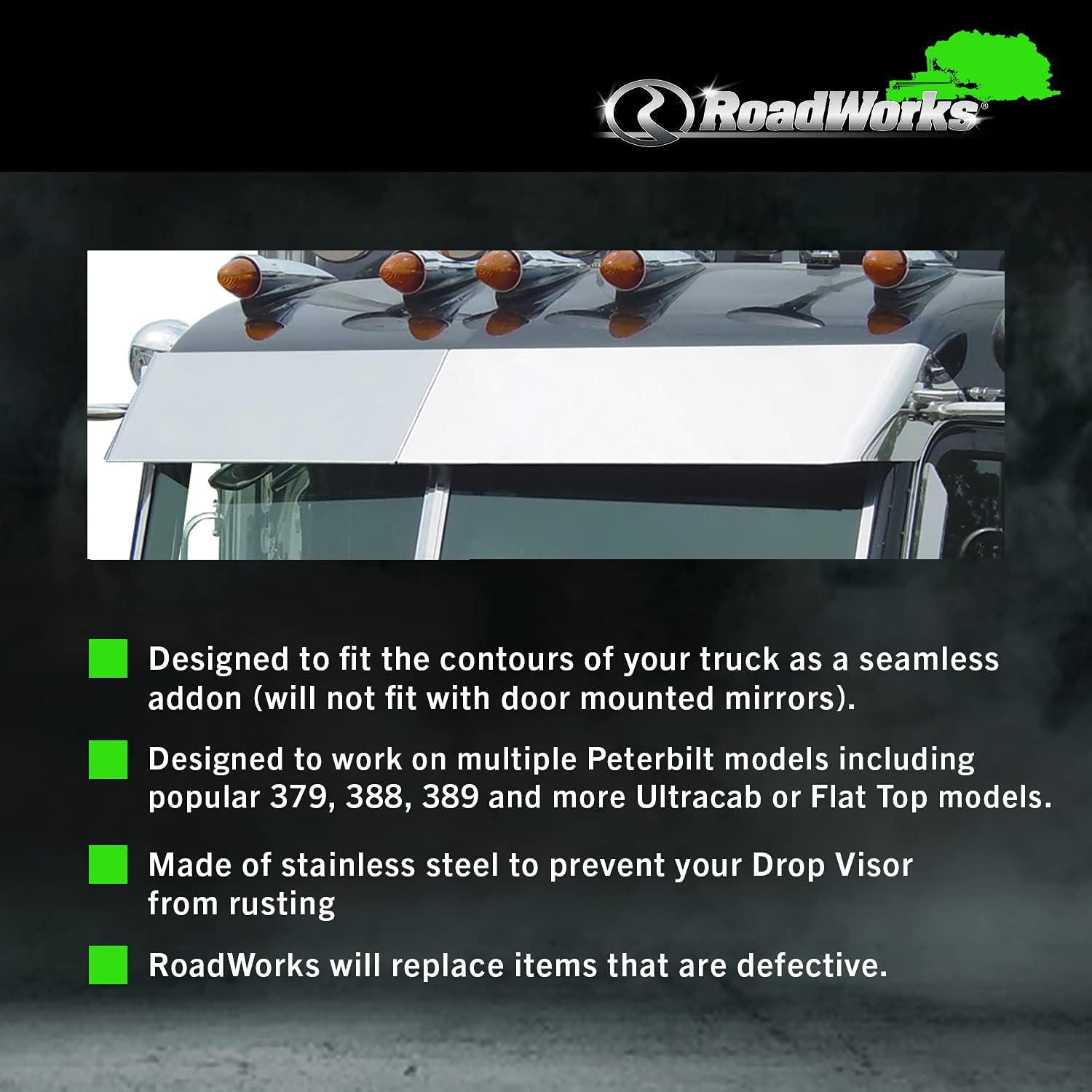 RoadWorks Stainless Steel 11&rdquo; Blind Mount Drop Visor for 2005-2021 Peterbilt Legacy Style Cab