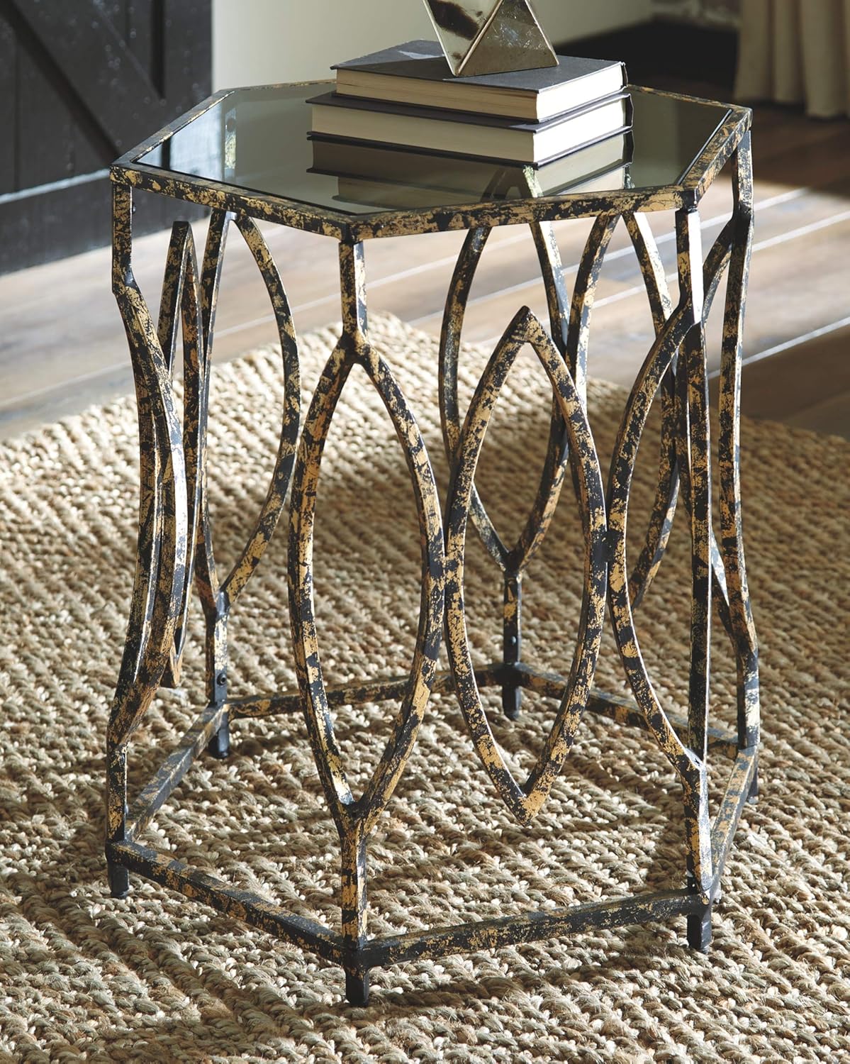 Signature Design by Ashley Kieta Antique Metal Accent Table with Glass Top, Black & Gold Finish