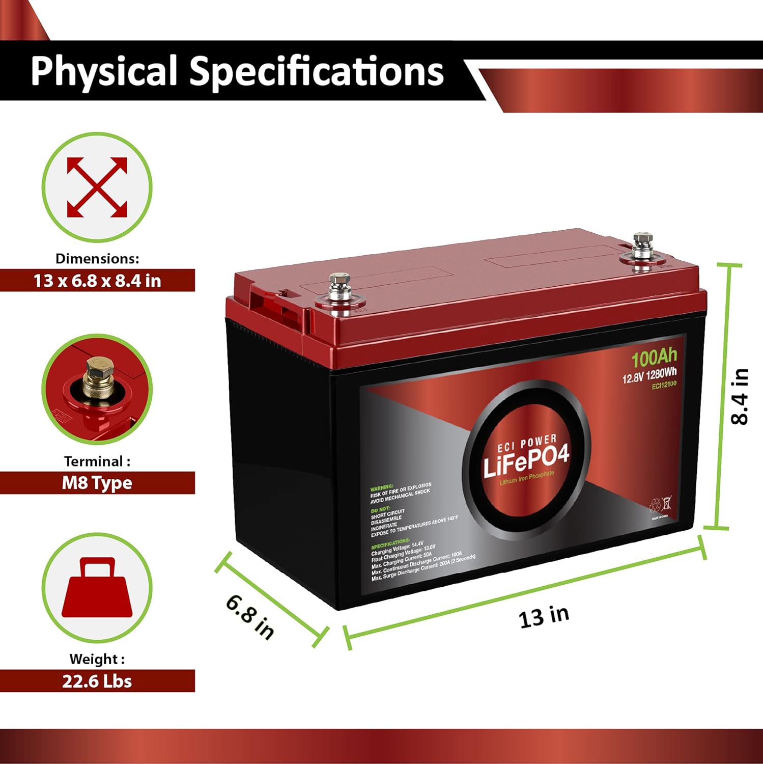 2 Pack ECI Power 12V 100Ah Lithium LiFePO4 Deep Cycle Rechargeable Battery | 2000-5000 Life Cycles & 10-Year lifetime | Built-in BMS | Perfect for RV, Solar, Marine, Overland, Off-Grid Applications