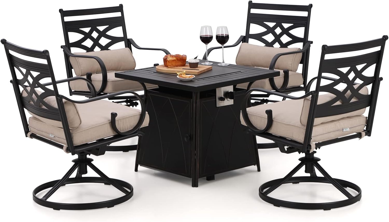 MFSTUDIO 5 PCS Outdoor Patio Propane Fire Pit Set，4 Swivel Armrest Chairs and 28 inch Steel Striped Square Fire Table for Patio, Porch, Backyard,Black