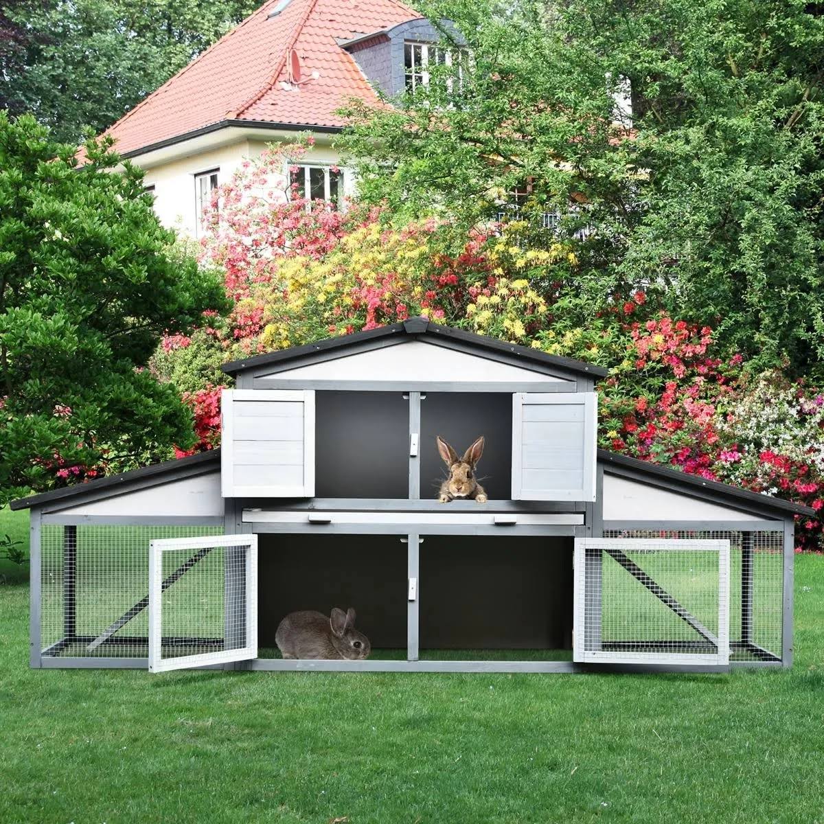 PawHut Wooden Rabbit Hutch with Outdoor Run Area - Waterproof Roof and Big Living Space Perfect for Bunny/Small Animals