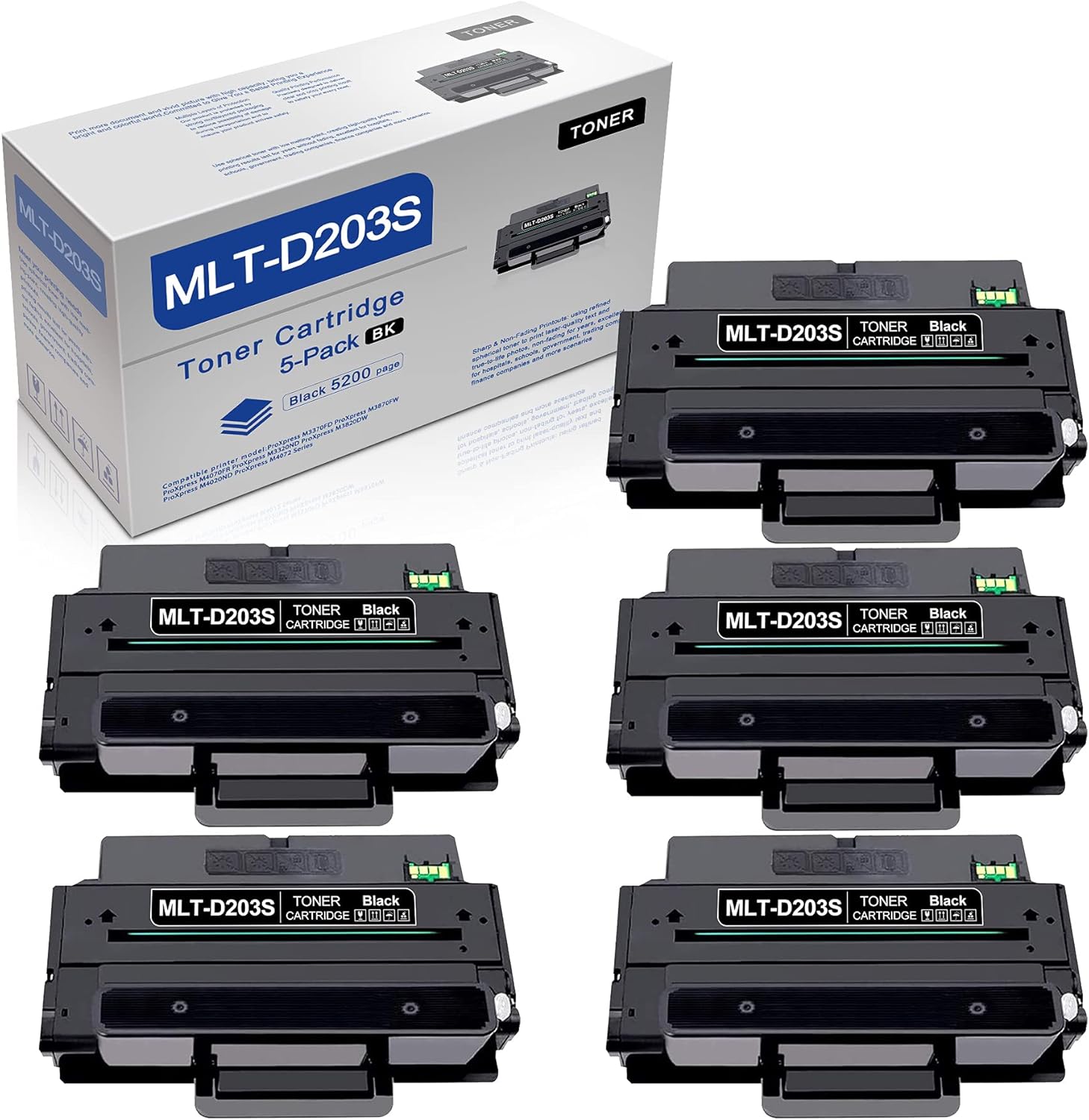 5 Pack Black Compatible MLT-D203S D203S 203S Toner Cartridge Replacement for MLTD203S ProXpress M3320ND M3870FW M4070FR M4020ND M4072 M3820DW M3370FD Printer Toner