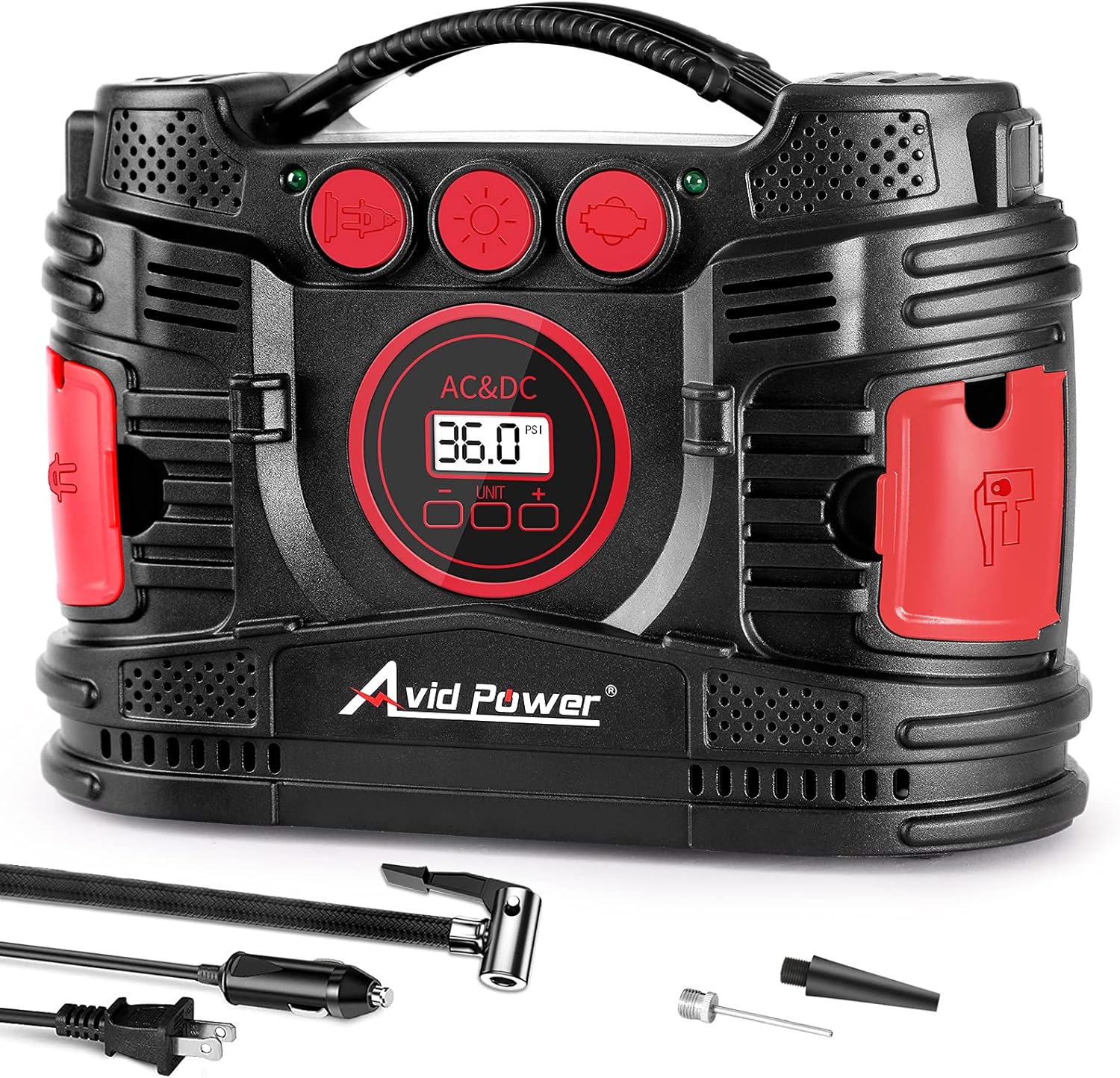 AVID POWER AC/DC Portable Tire Inflator Air Compressor for Home 110V & Car 12V, with Dual Powerful Motors for Fast Inflation, Electric Car Tire Pump with Digital Pressure Gauge for Many Inflatables