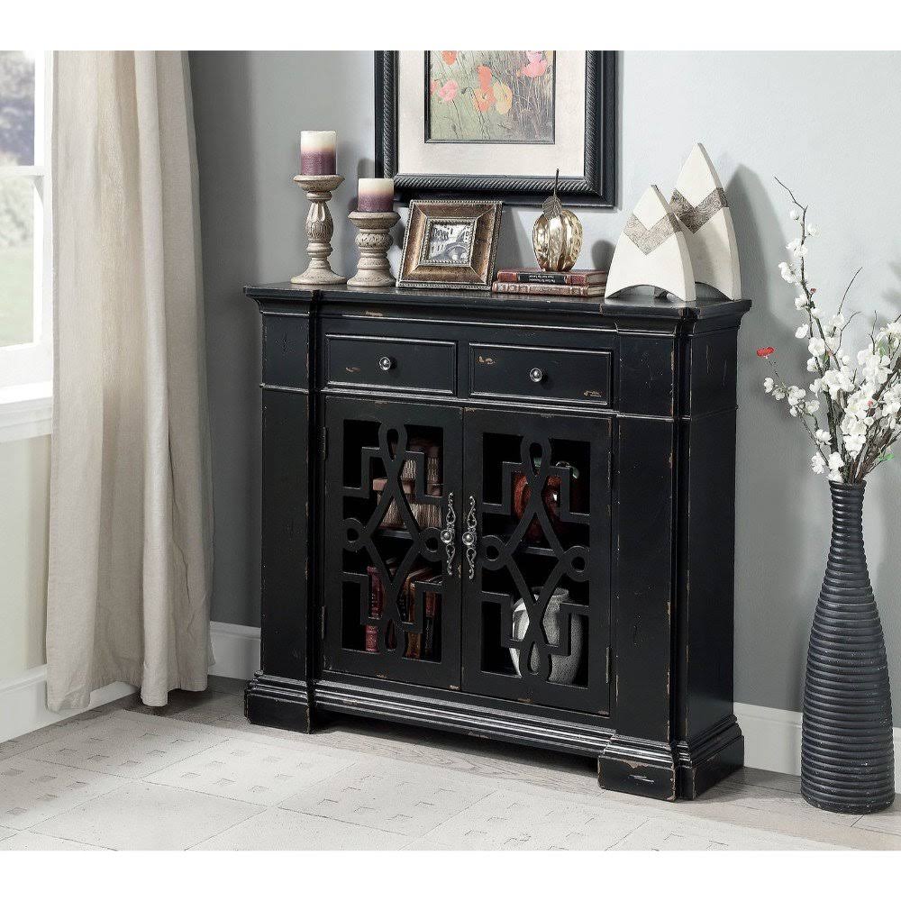 Benzara - Solid Wood Hallway Cabinet with Glassless Decorative Panels, Weathered Black