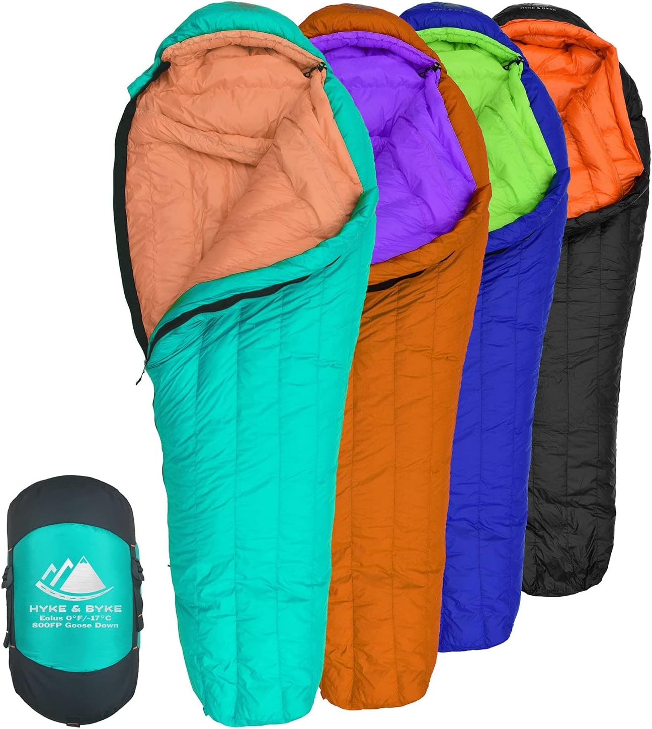 Hyke & Byke Eolus 0 F Hiking & Backpacking Sleeping Bag - 4 Season, 800FP Goose Down Sleeping Bag - Ultralight - Mint/Tangerine - 72in - Short
