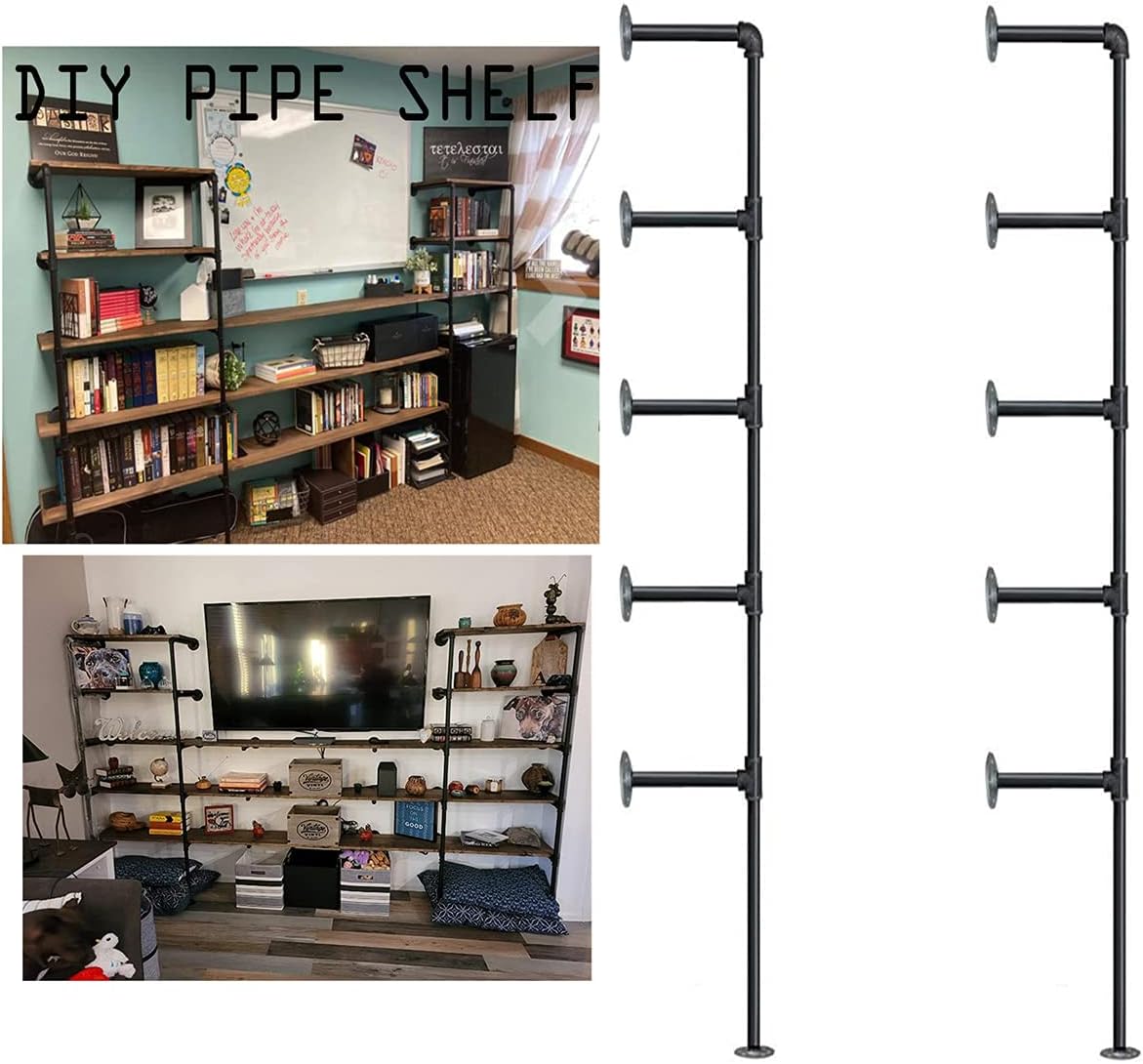 Industrial Wall Mount Iron Pipe Shelf Bracket,Vintage Retro Black DIY Open Bookshelf, Storage Shelves, Ceiling Hung Shelves for Home Kitchen Office(2PcsX5Tier,70
