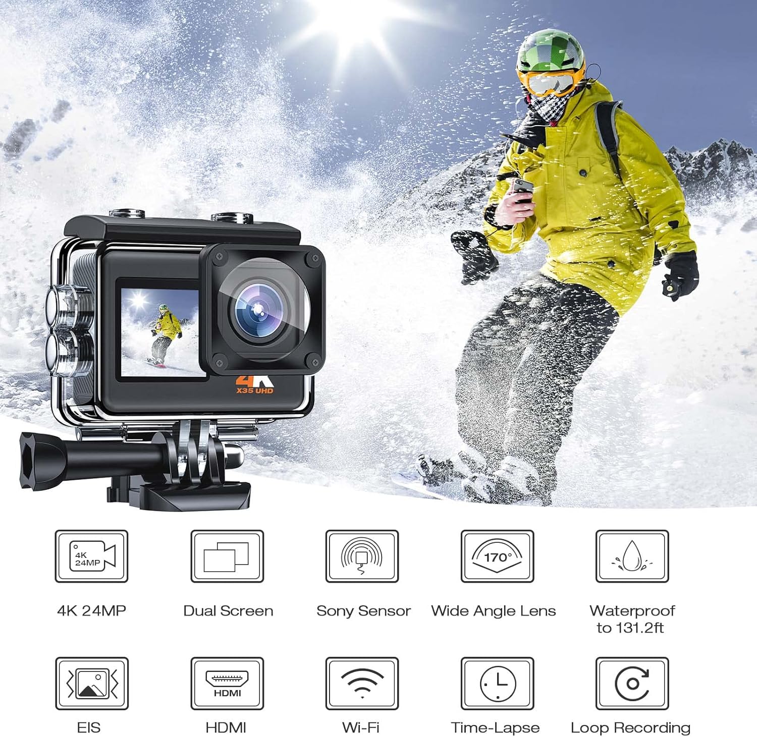 Action Camera 4K 24MP Ultra HD WiFi Dual Color Screen Sports Underwater Camera EIS 131FT Waterproof Camera 170 Degree Wide Angle, 2 Rechargeable Batteries and Accessories Kit