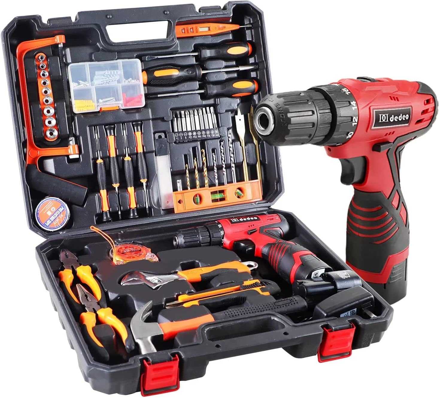Dedeo 16.8V Cordless Drill and Home Tool Kit, 108Pcs Household Power Tools Set with DIY Hand Tool, 0-1500RMP Variable Speed, 2PCS Li-Ion Batteries & Charger, Built-in LED Light for Home Maintenance Pack of 2