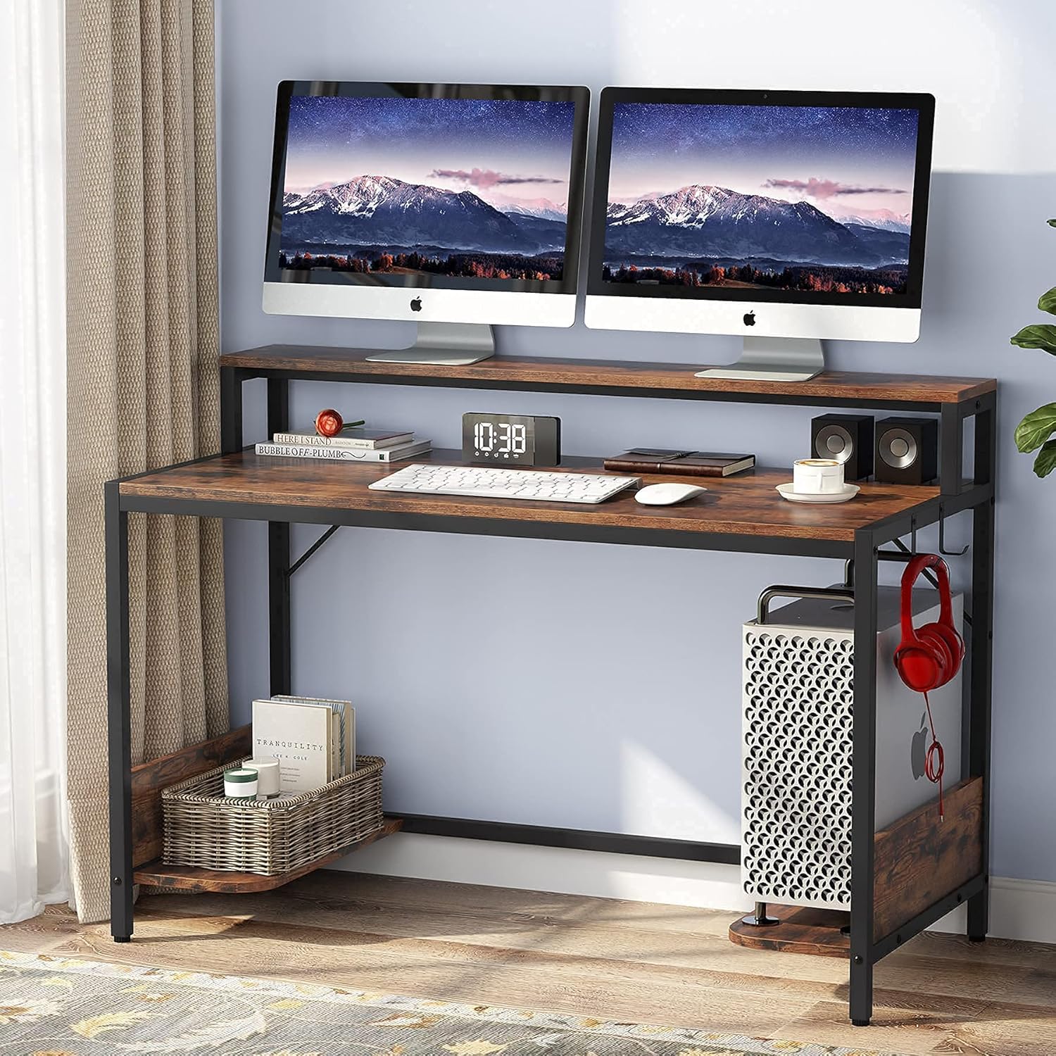 Tribesigns Computer Desk, Industrial Office Desk with Monitor Stand, 47 Inch Studying Writing Table with Storage Shelves, Home Office Desk with 2 Hanging Hook for Small Space, Rustic Brown