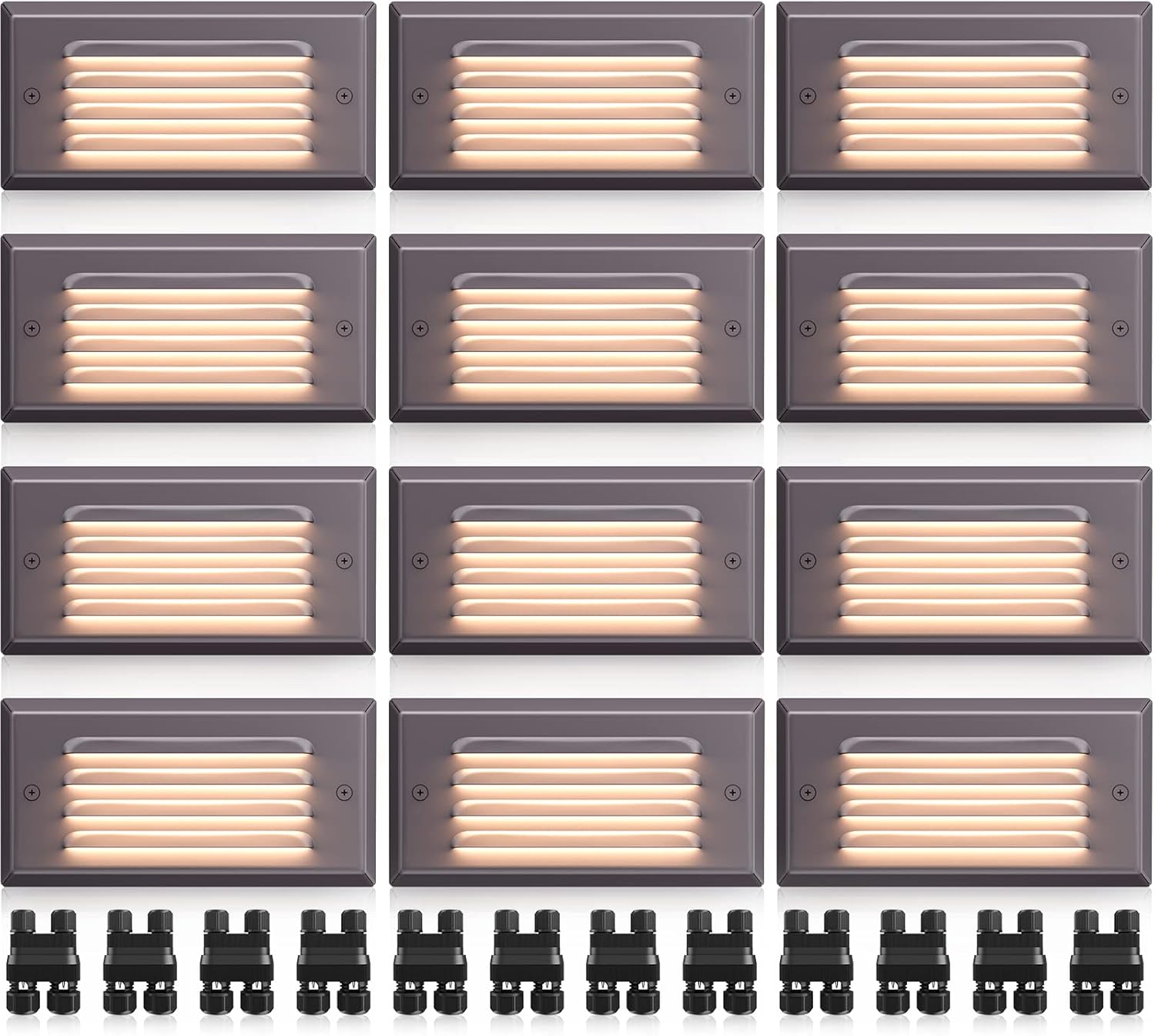 SUNVIE Low Voltage Step Lights Outdoor 5W LED Stair Lights with Horizontal Louver Faceplate Deck Ligths for Steps Stairs Fences 12V 3000K 3.2FT ETL Listed Wire, Fastlock2 Connectors Included, 12 Pack