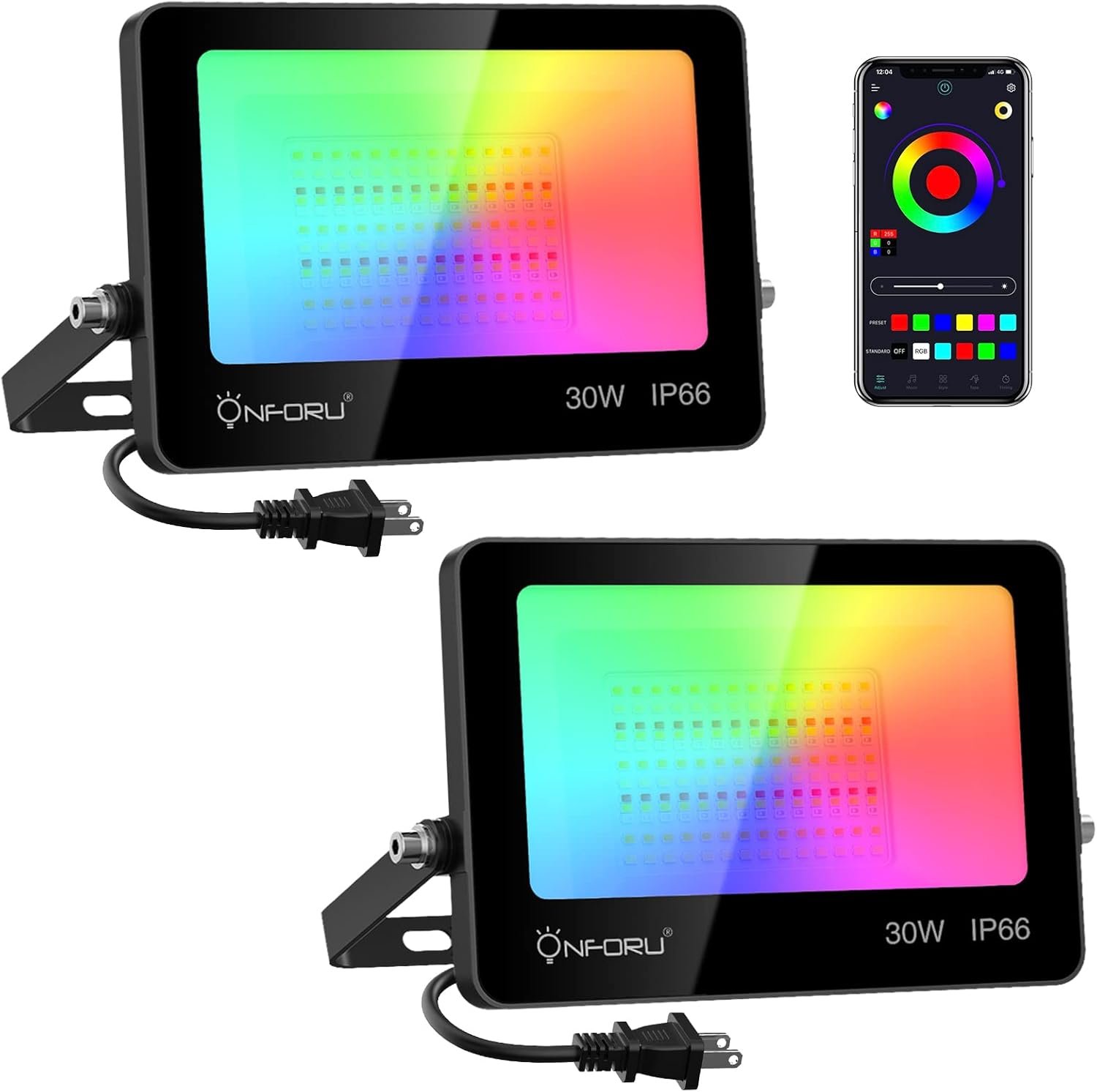 Onforu 2 Pack LED Flood Light RGBCW 240W Equivalent, 2700K-6500K & 16 Million Colors 27 Modes, IP66 Waterproof Christmas Lights, APP Control Uplights, Stage Lights Music Synchronize,Timing