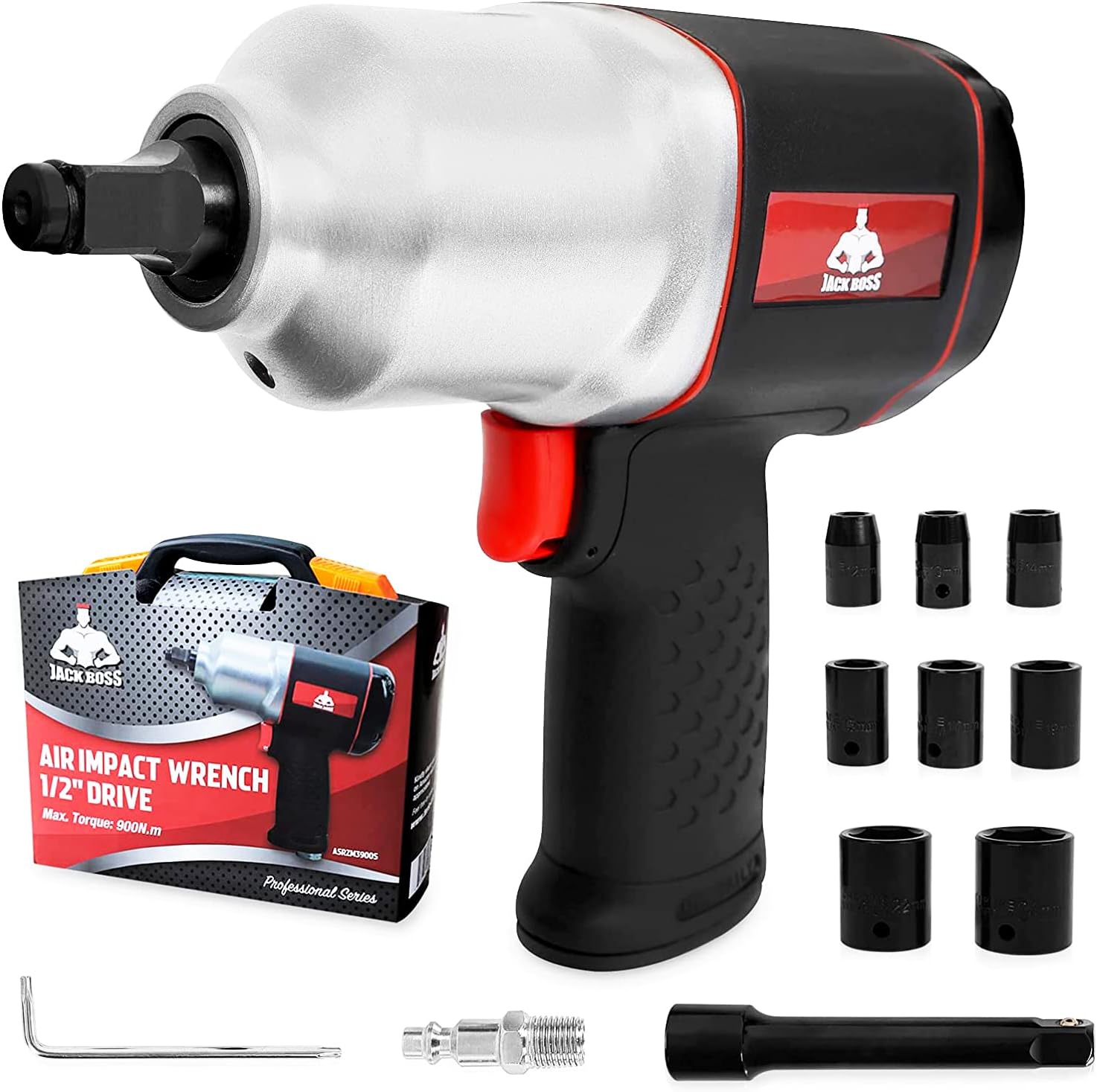 Jack Boss 1/2-Inch Drive Air Impact Wrench 664 ft-lbs Powerful Torque Pneumatic Impact Wrench Twin Hammers with 8 Sockets &Case