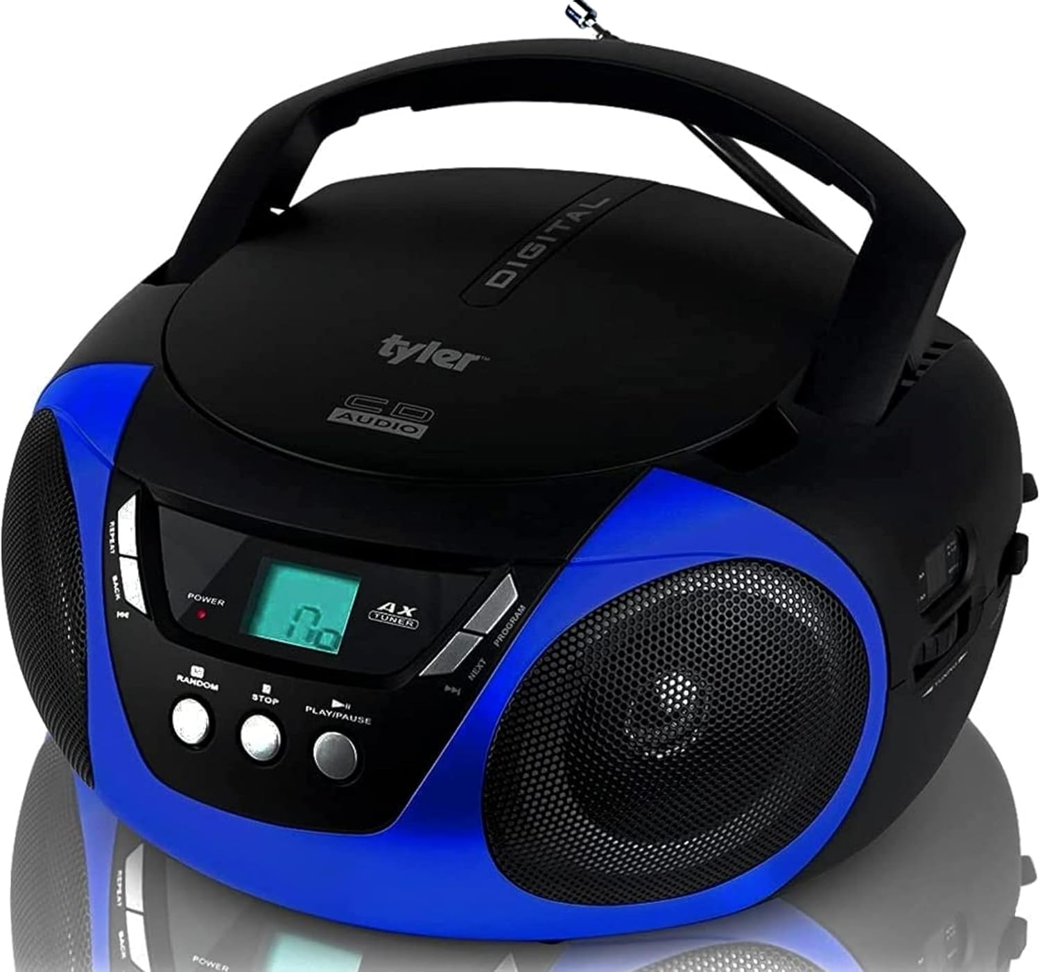 Tyler Portable CD Player Boombox Radio AM/FM Top Loading AC & Battery Compatible Aux Input & 3.5mm Headphone Jack Small Lightweight Compact Boom Box Home Stereo Speaker Carrying Handle Kids Room Blue