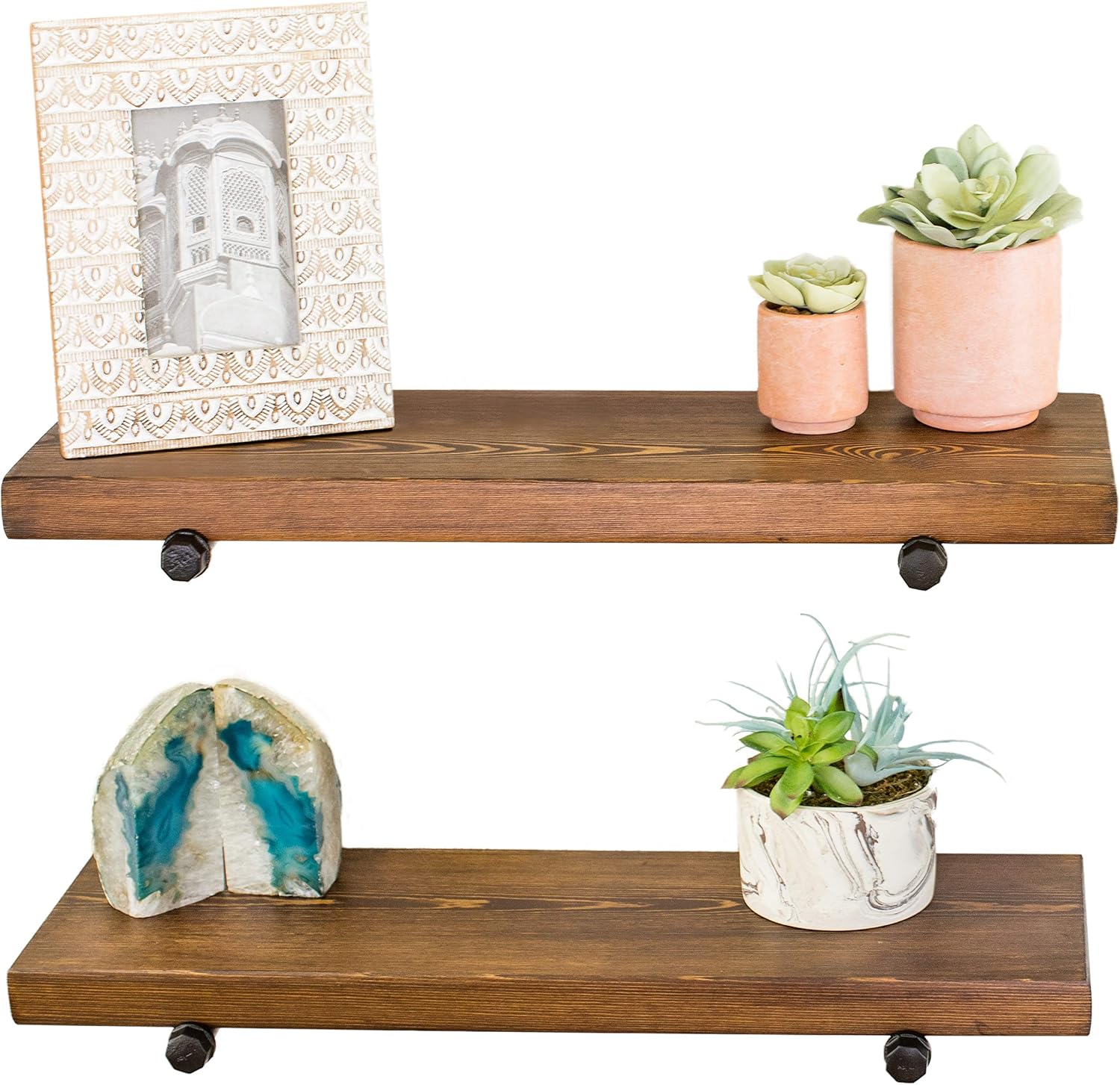 Floating Wall Shelves with Industrial Pipe Brackets, Solid Wood, Set of 2, Farmhouse Shelf, 24
