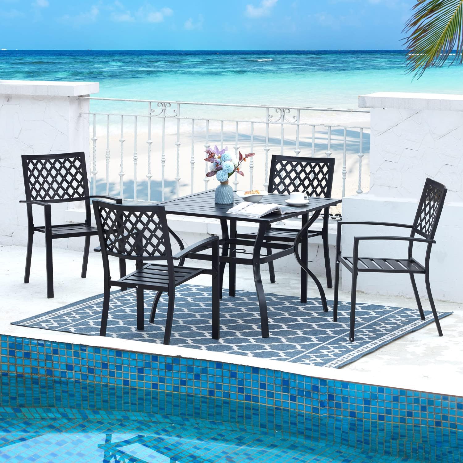 VICLLAX 7 Piece Outdoor Dining Furniture Set for 6 Stackable Metal Patio Chairs and Rectangle Patio Table Set
