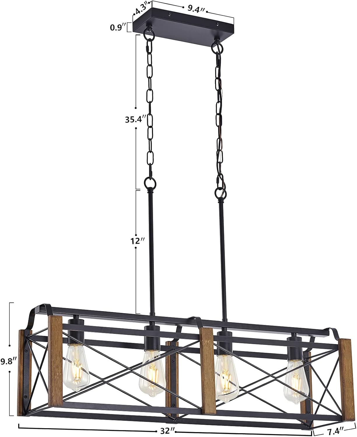 4-Light Dining Room Chandelier Light Fixture, Kitchen Island Light with Wood Accents, Farmhouse Pendant Light for Cafe, Bar, Club and Restaurant