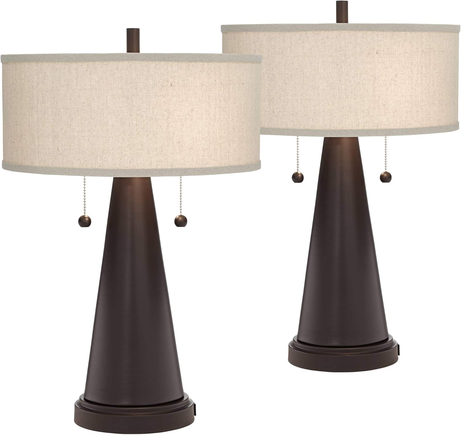 Craig Farmhouse Rustic Accent Table Lamps Set of 2 with Hotel Style USB Port Bronze Metal Natural Linen Drum Shade for Living Room Bedroom House Bedside Nightstand Home Office - Franklin Iron Works