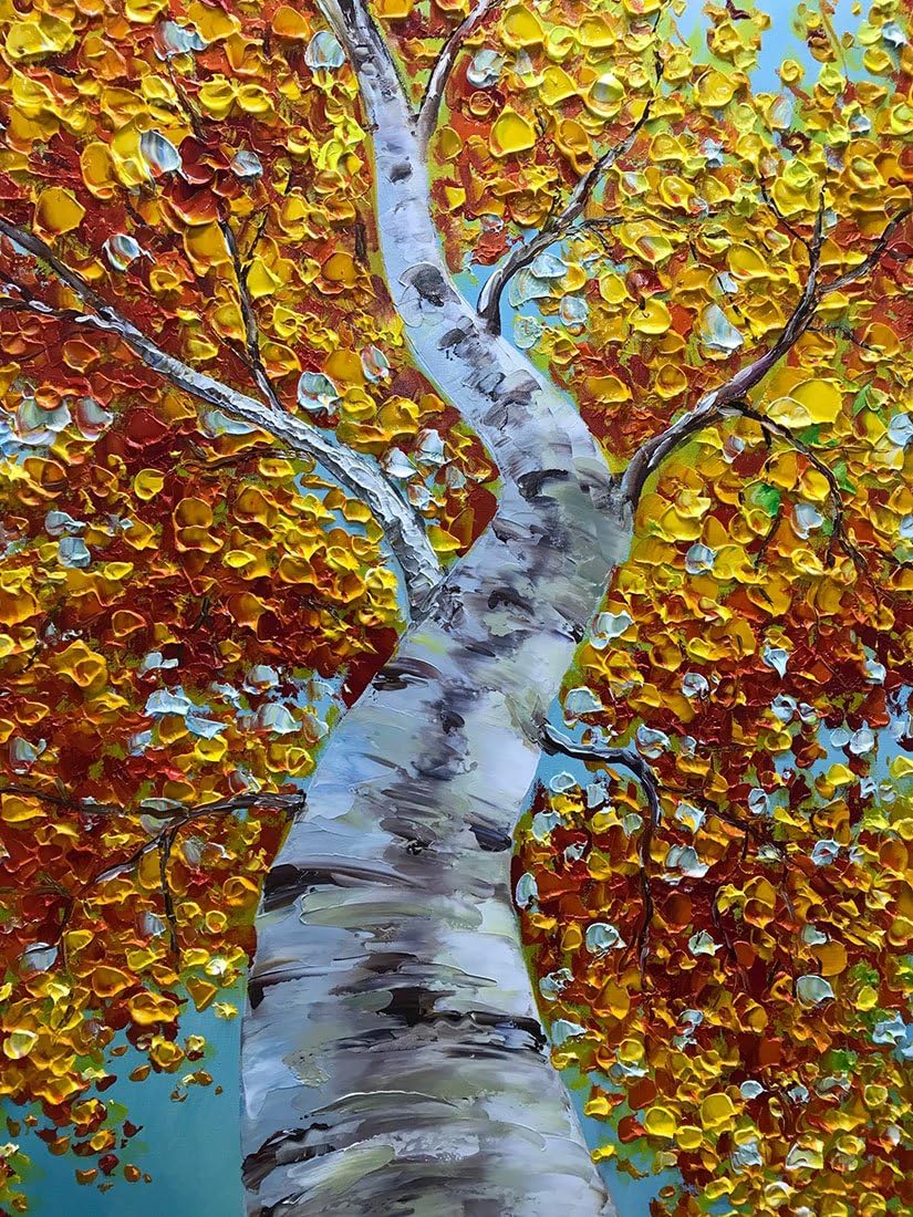Yotree Paintings, 24x48 Inch Paintings Oil Hand Painting Yellow Birch in Autumn Painting 3D Hand-Painted On Canvas Abstract Artwork Art Wood Inside Framed Hanging Wall Decoration Abstract Painting