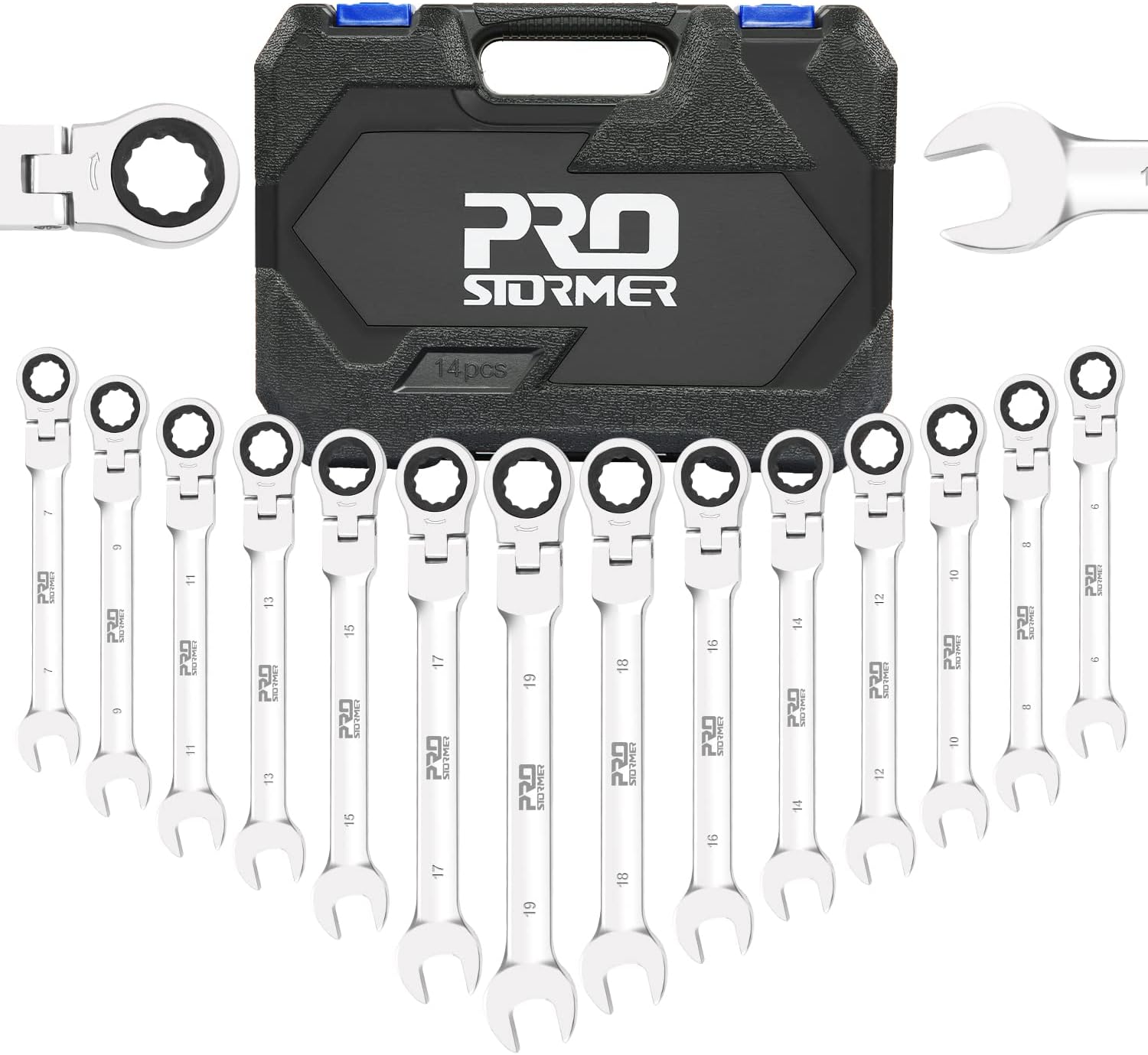 PROSTORMER 14-Piece Flex-Head Ratcheting Wrench Set, 6-19mm Metric Chrome Vanadium Steel Ratchet Wrenches, Combination Ended Spanner Kit with Storage Case Pack of 2