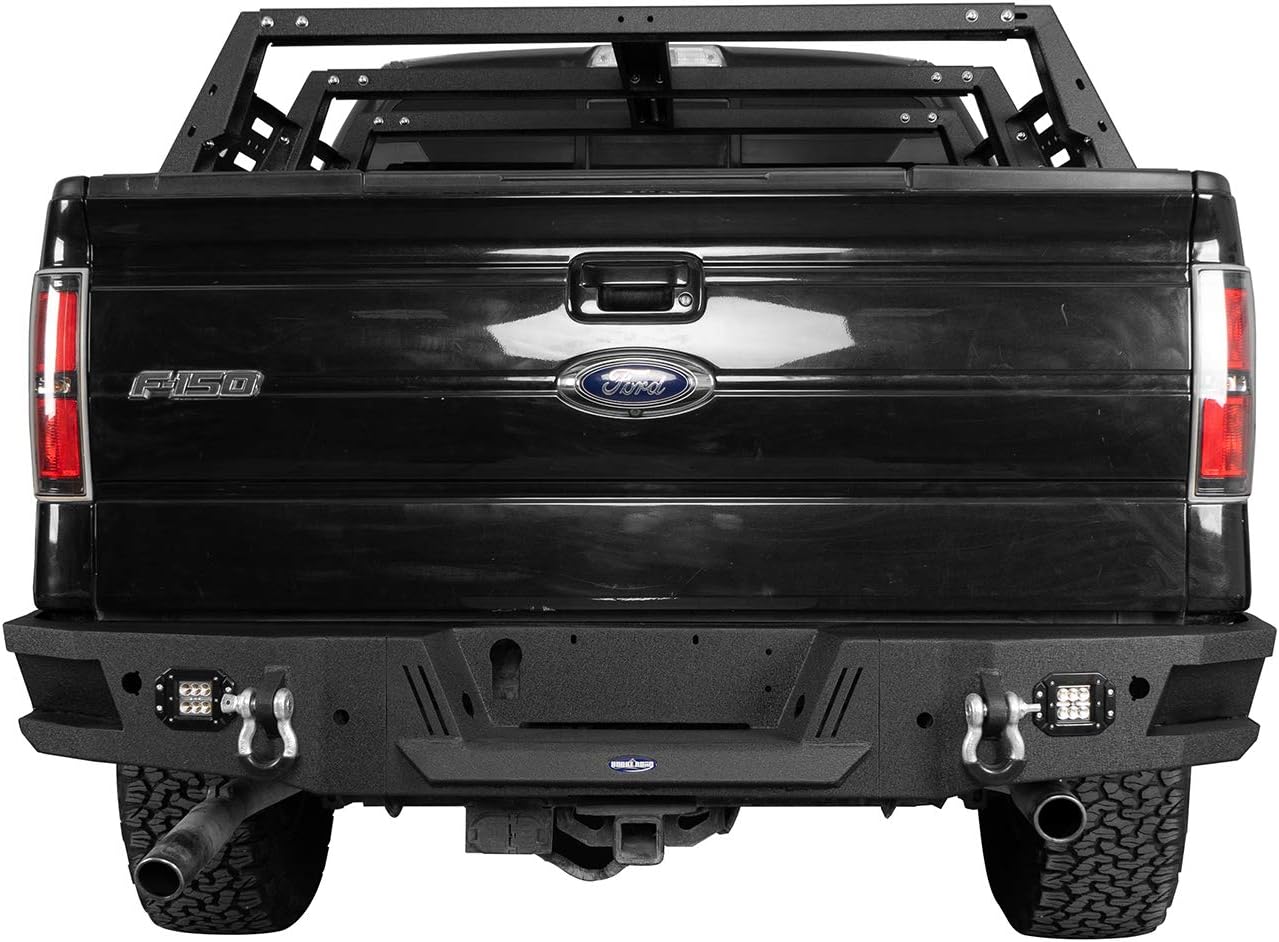 Hooke Road F150 Rear Back Bumper w/Lights & Towing Hooks Compatible with Ford F-150 2006 2007 2008 2009 2010 2011 2012 2013 2014 Pickup Truck (Textured Black Steel)