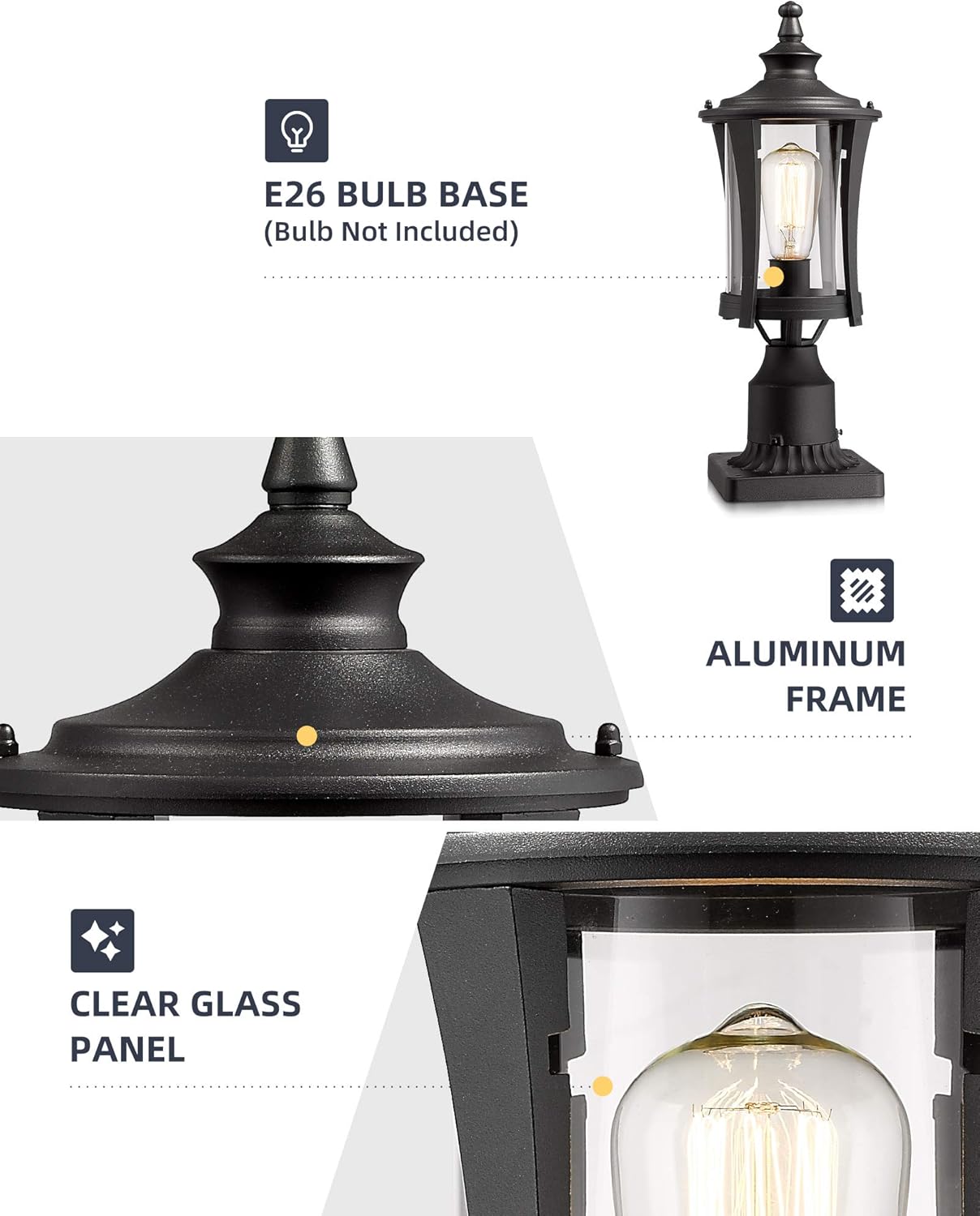 Eapudun Outdoor Post Lanterns | Set of 2 Exterior Post Light Fixture with 3-Inch Pier Mount Base, Matte Black Cast Aluminum Finish with Clear Glass, WLA1321-MBK
