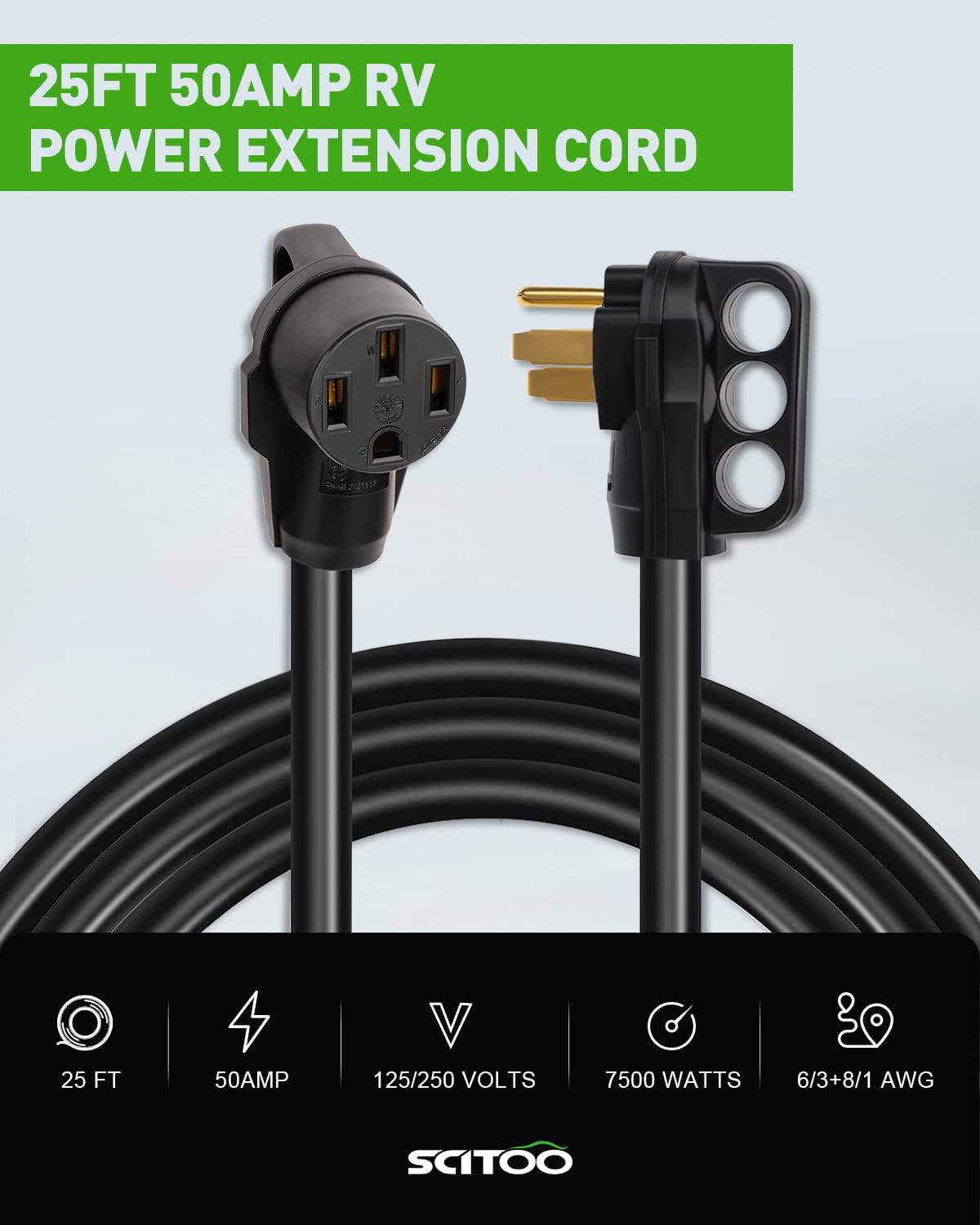 SCITOO ETL Listed RV Cord 25FT 50Amp RV Extension Cord Power Supply Cable with Handle, for Trailer Motorhome Camper, Nema 14-50 Extension Cord, Auto Heavy Duty Extension Cord, 6AWG3C + 8AWG1C, Black