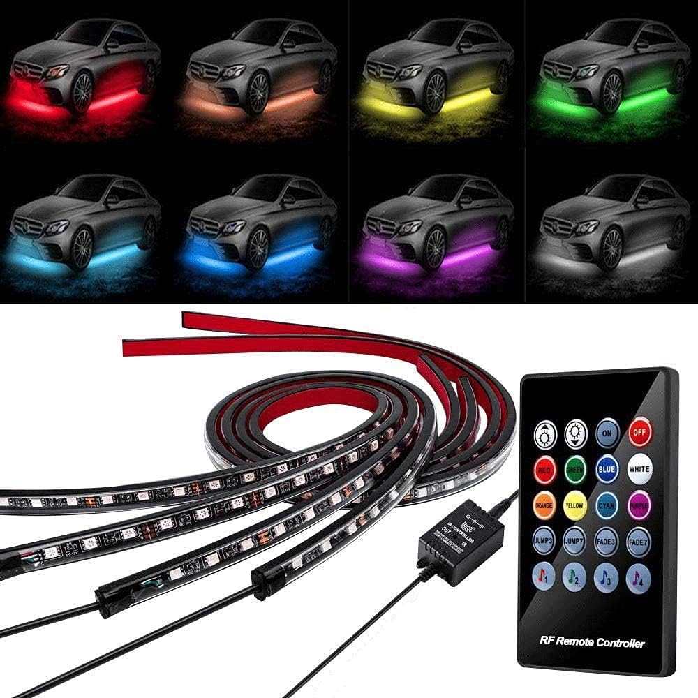 BLIAUTO Car Underglow Lights Underbody Neon Light Kit 4 PCS 8 Color LED Strip Car Lights 5050 RGB LED Strip Lights Waterproof with Wireless Remote Control Music Sound Active Cable Tie & Screw(60x90cm)