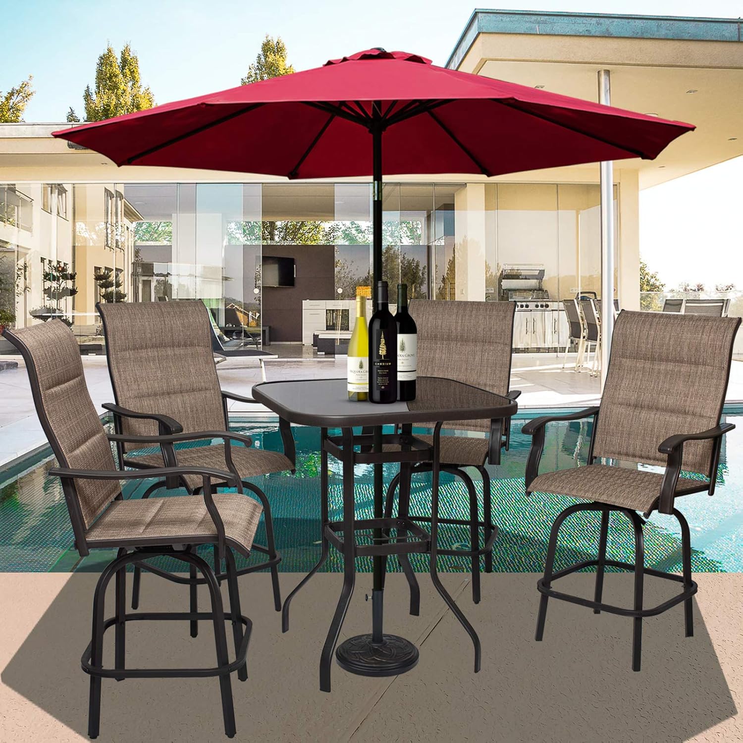 5PC Outdoor Bar Stools Set - 4 Bar Height Swivel Patio Chair & 1 High Bistro Table w/Umbrella Hole - Padded Textilene All Weather Furniture (Padded Textilene Chair Seat & Back, 4 Chiars & 1 Table)