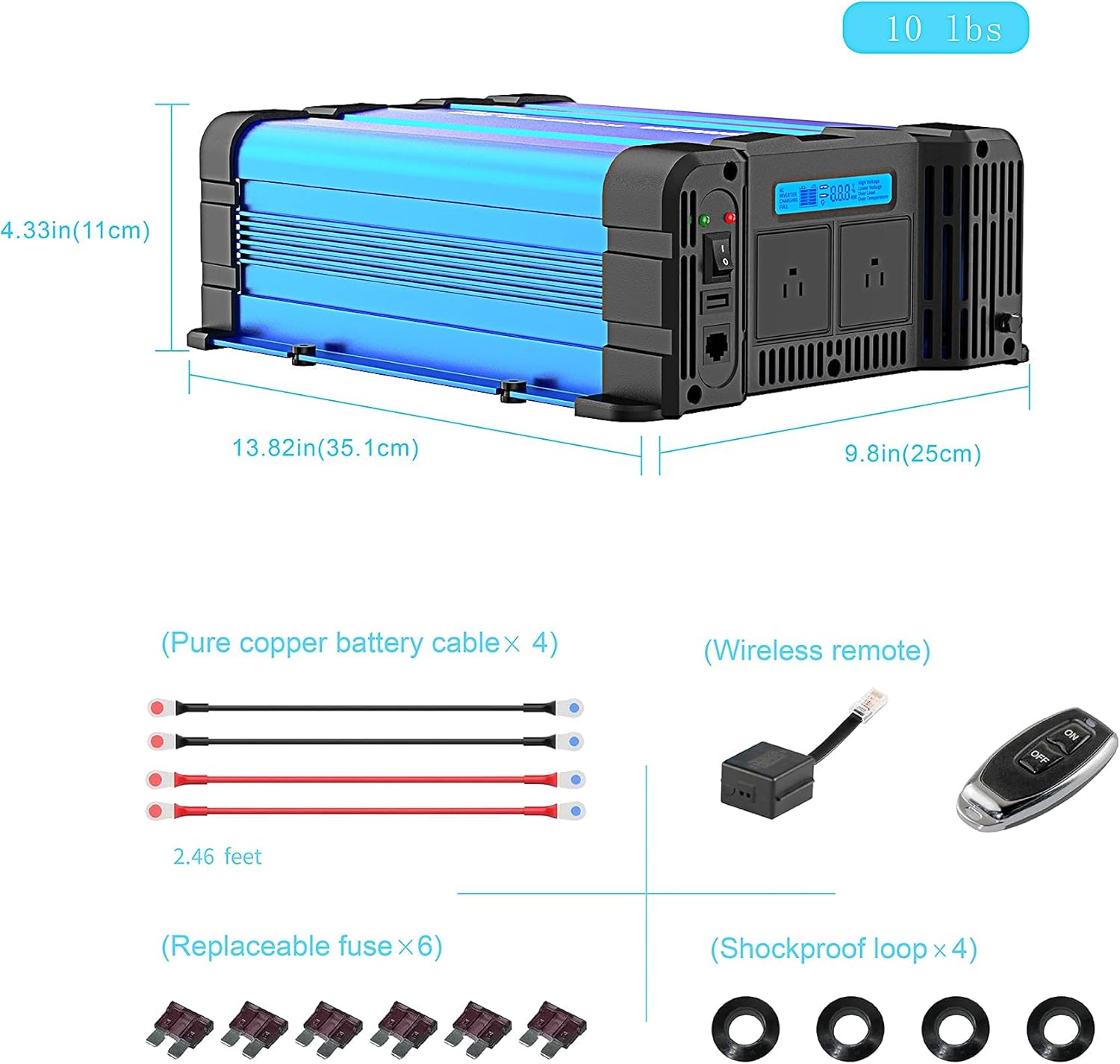 2000 Watt Pure Sine Wave Inverter, Hiplussun Power Inverter 12v to 110v with Wireless Remote and Display and Dual AC Outlets and USB Port